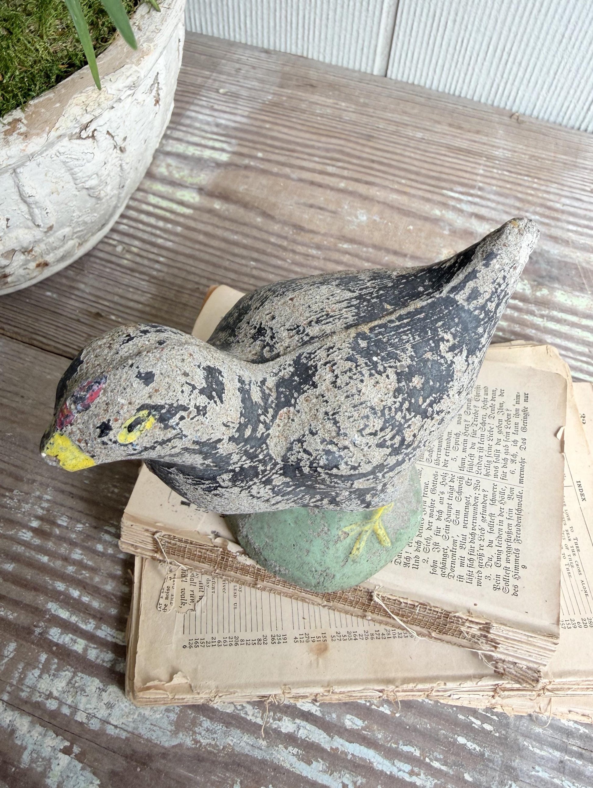 Vintage Concrete Bird Statue, Chippy Painted Garden Art, Farmhouse