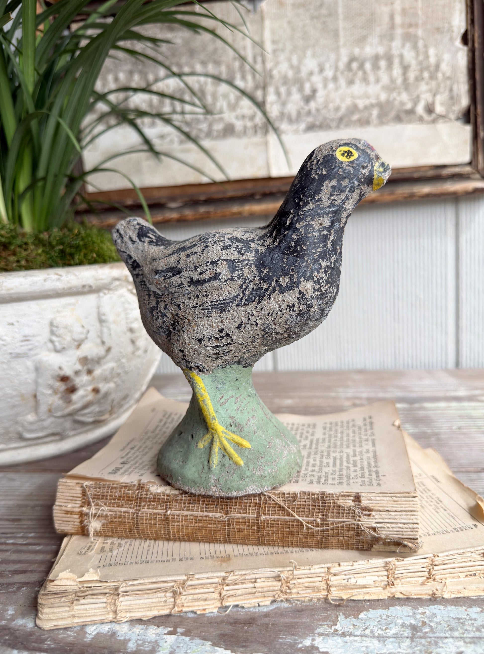 Vintage Concrete Bird Statue, Chippy Painted Garden Art, Farmhouse