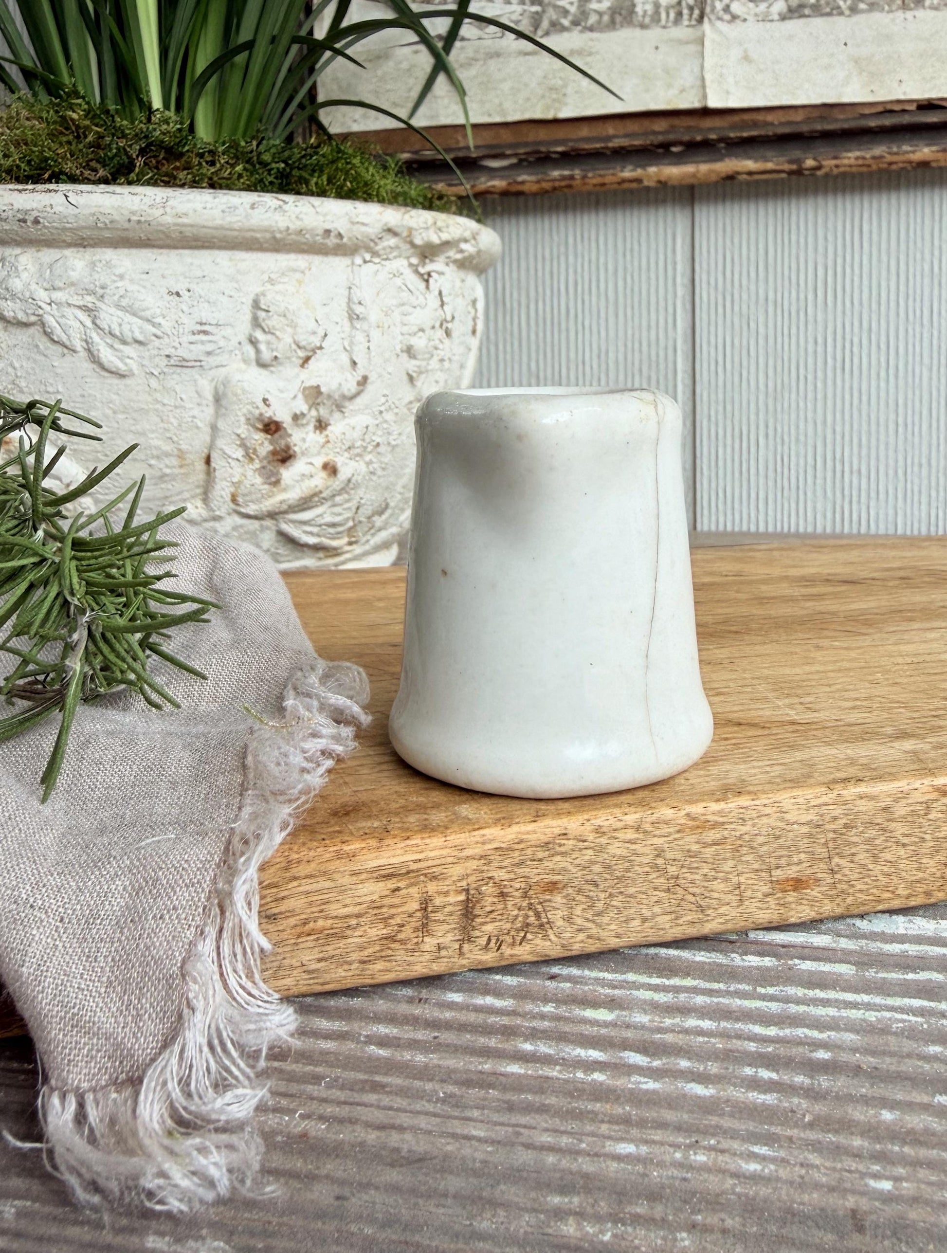 Vintage Ironstone Creamer – Small White Syrup Pitcher, Handleless Chunky Farmhouse Primitive Decor