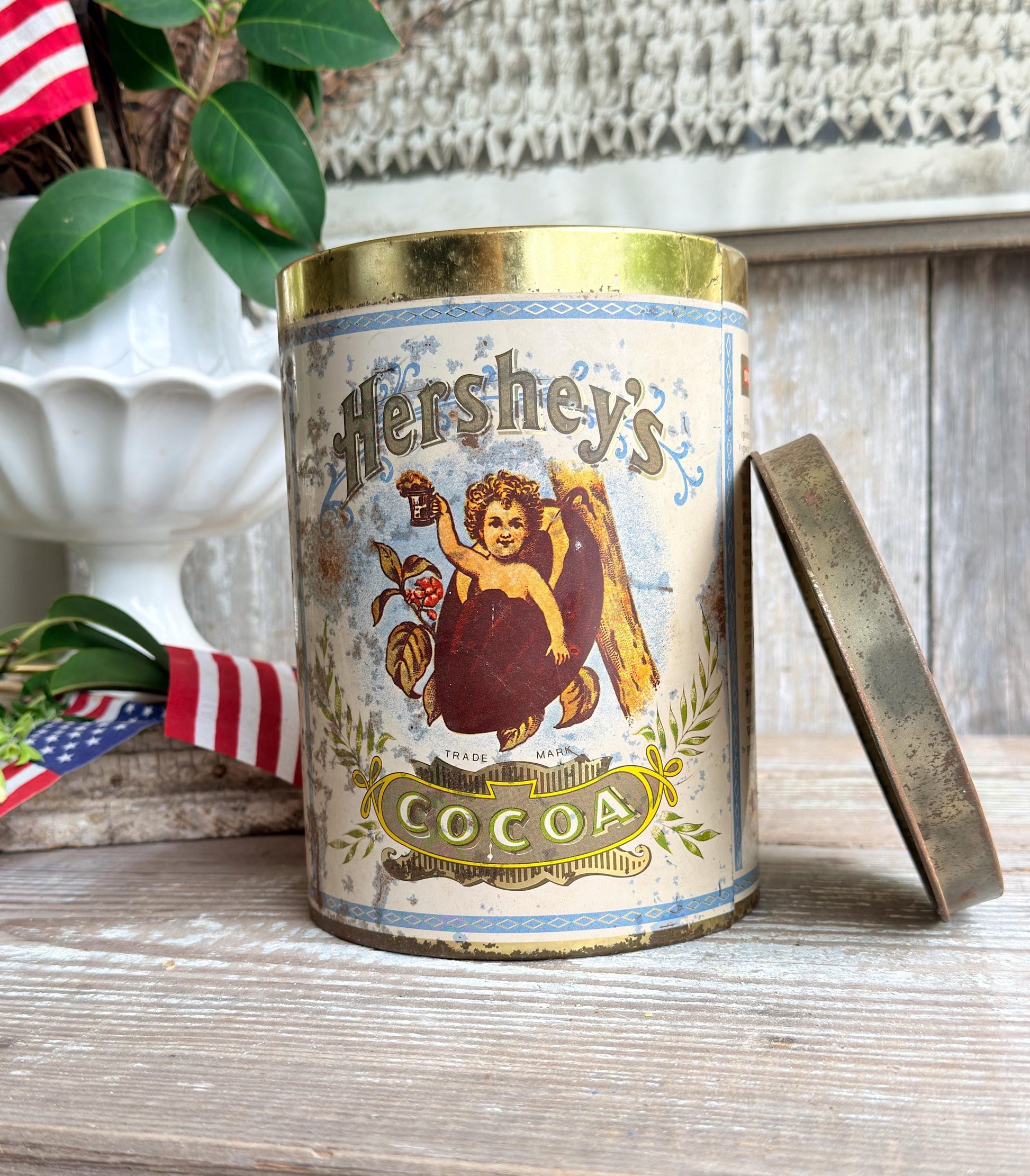 Vintage Hershey’s Cocoa Tin – Rustic Chocolate Canister, Americana Farmhouse Kitchen Decor
