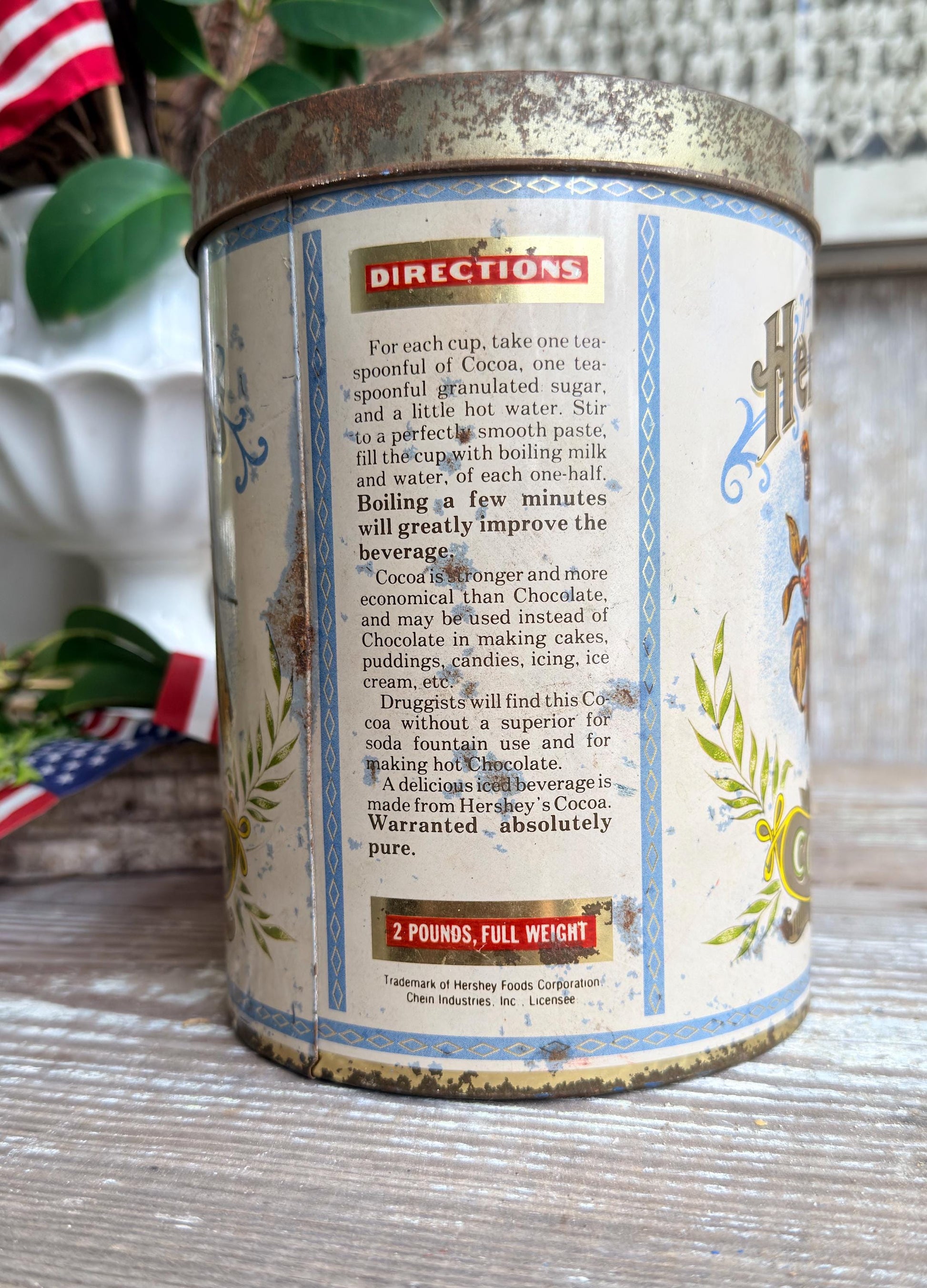 Vintage Hershey’s Cocoa Tin – Rustic Chocolate Canister, Americana Farmhouse Kitchen Decor