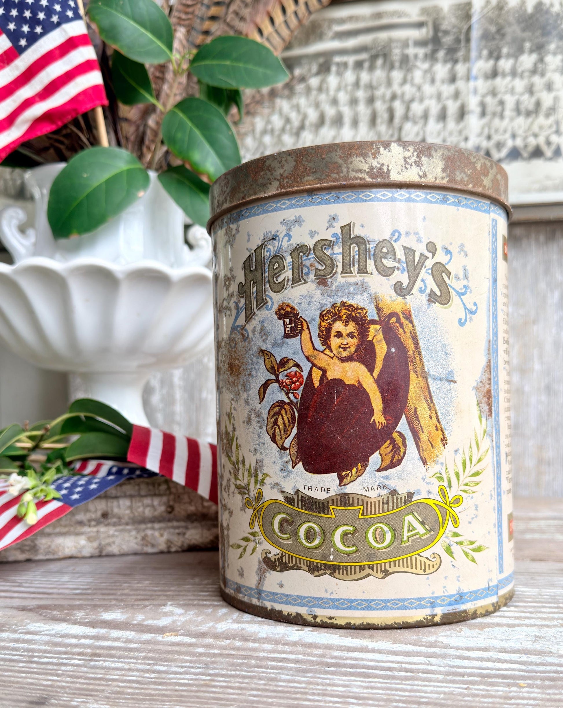 Vintage Hershey’s Cocoa Tin – Rustic Chocolate Canister, Americana Farmhouse Kitchen Decor