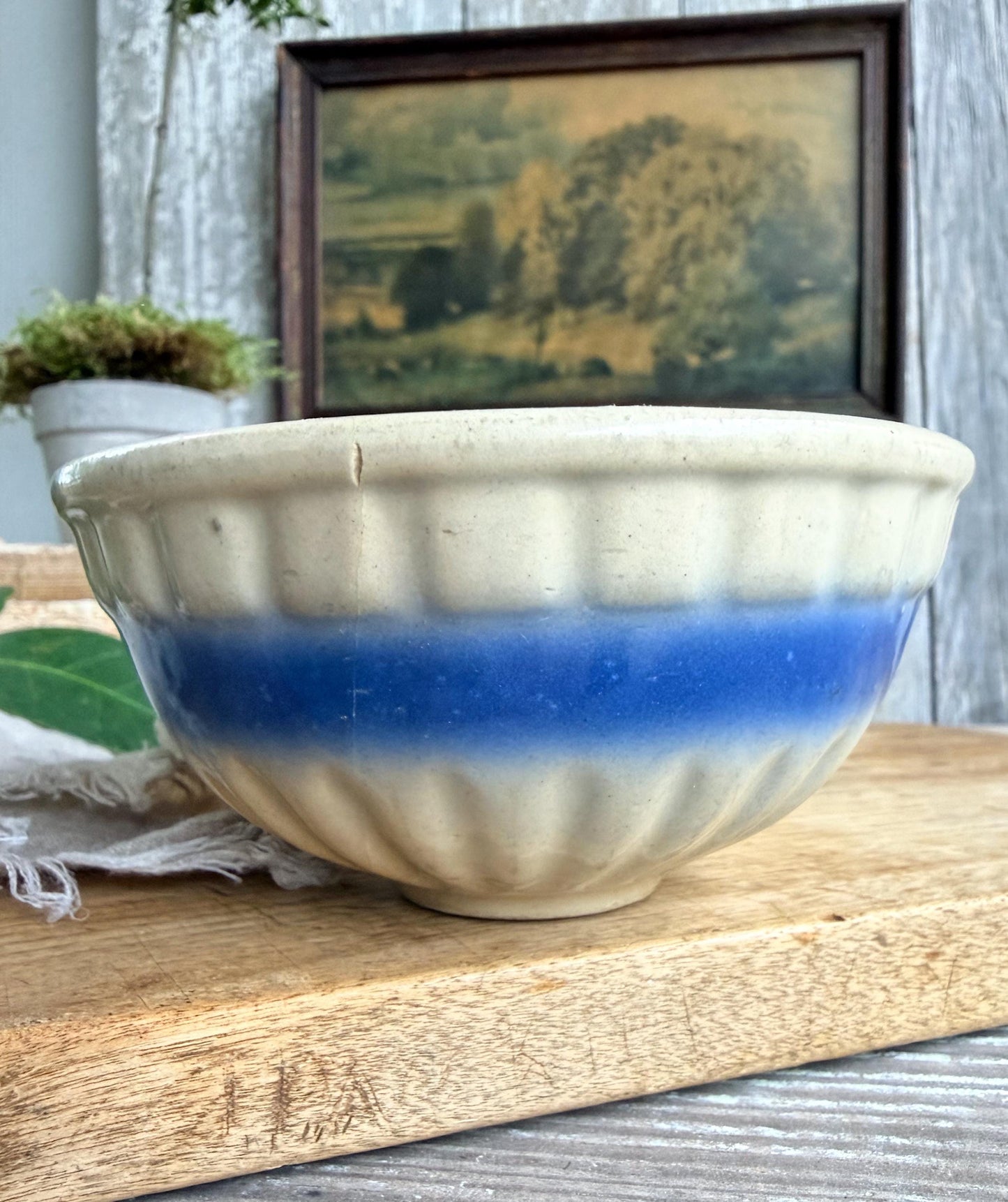 Antique Salt Glazed Stoneware Bowl – Blue Banded Pottery, Primitive Farmhouse Rustic Kitchen Decor