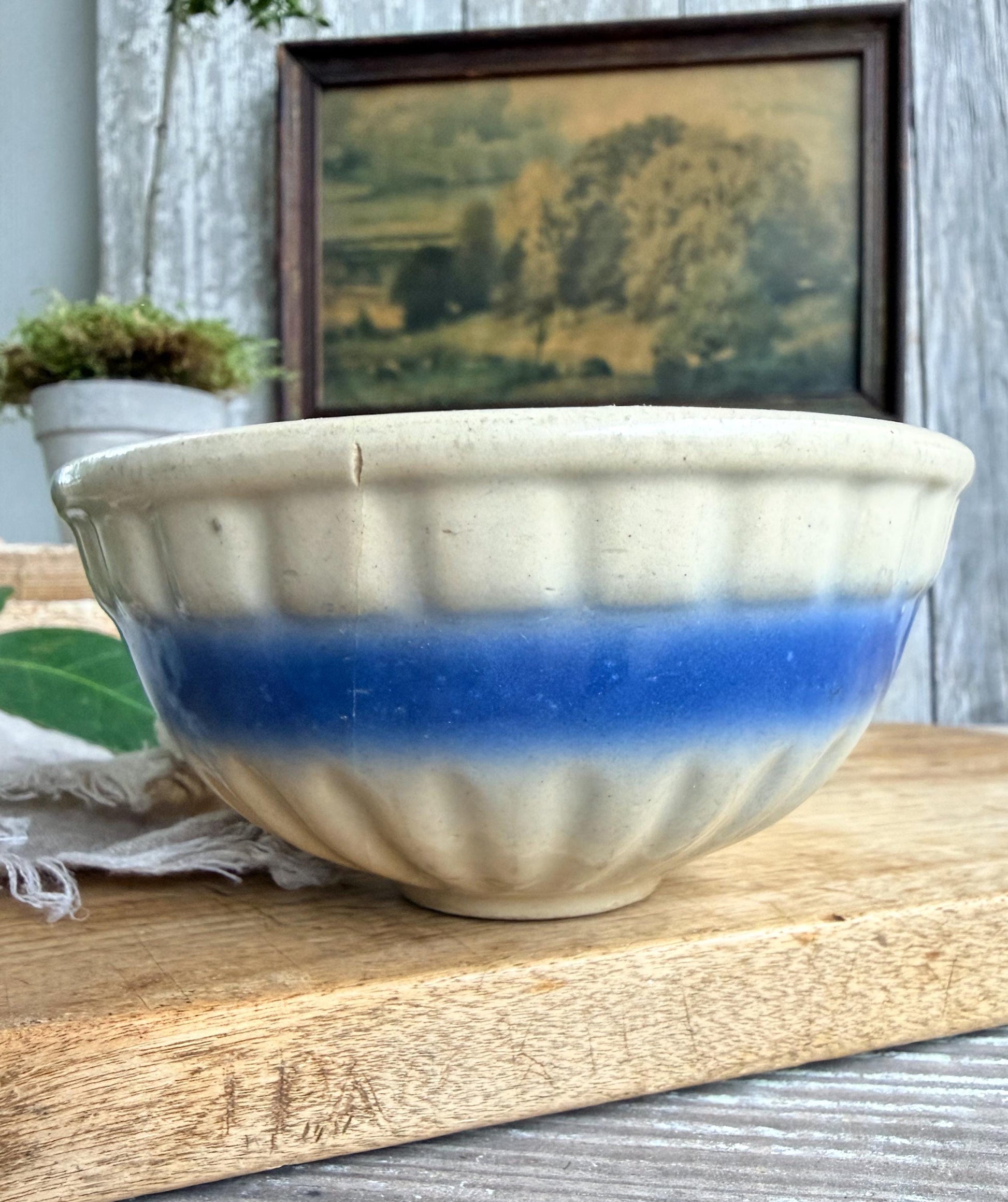 Antique Salt Glazed Stoneware Bowl – Blue Banded Pottery, Primitive Farmhouse Rustic Kitchen Decor
