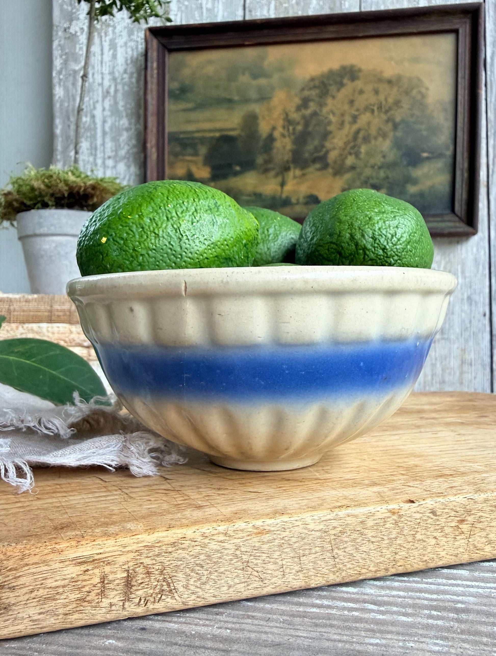 Antique Salt Glazed Stoneware Bowl – Blue Banded Pottery, Primitive Farmhouse Rustic Kitchen Decor