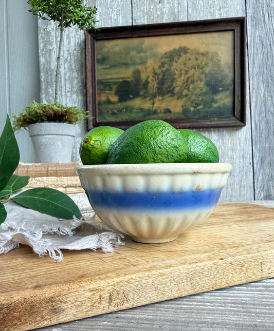 Antique Salt Glazed Stoneware Bowl – Blue Banded Pottery, Primitive Farmhouse Rustic Kitchen Decor