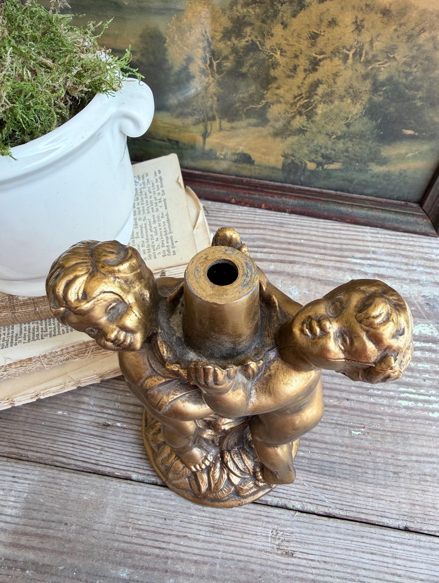 Vintage Cherub Lamp Base – Gold Metal Putti Candle Holder, Hollywood Regency Style, Ornate Table Lamp Part