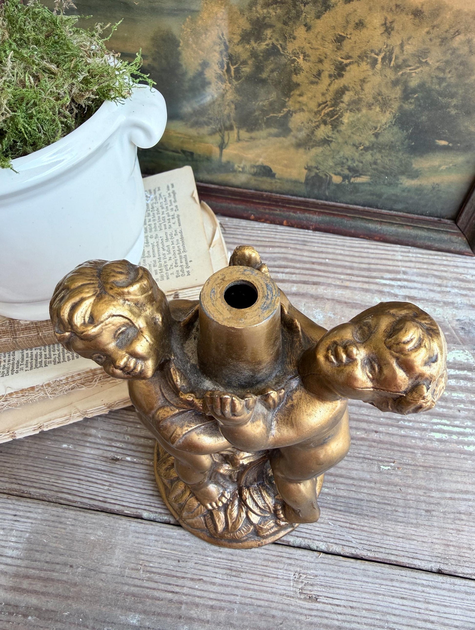 Vintage Cherub Lamp Base – Gold Metal Putti Candle Holder, Hollywood Regency Style, Ornate Table Lamp Part