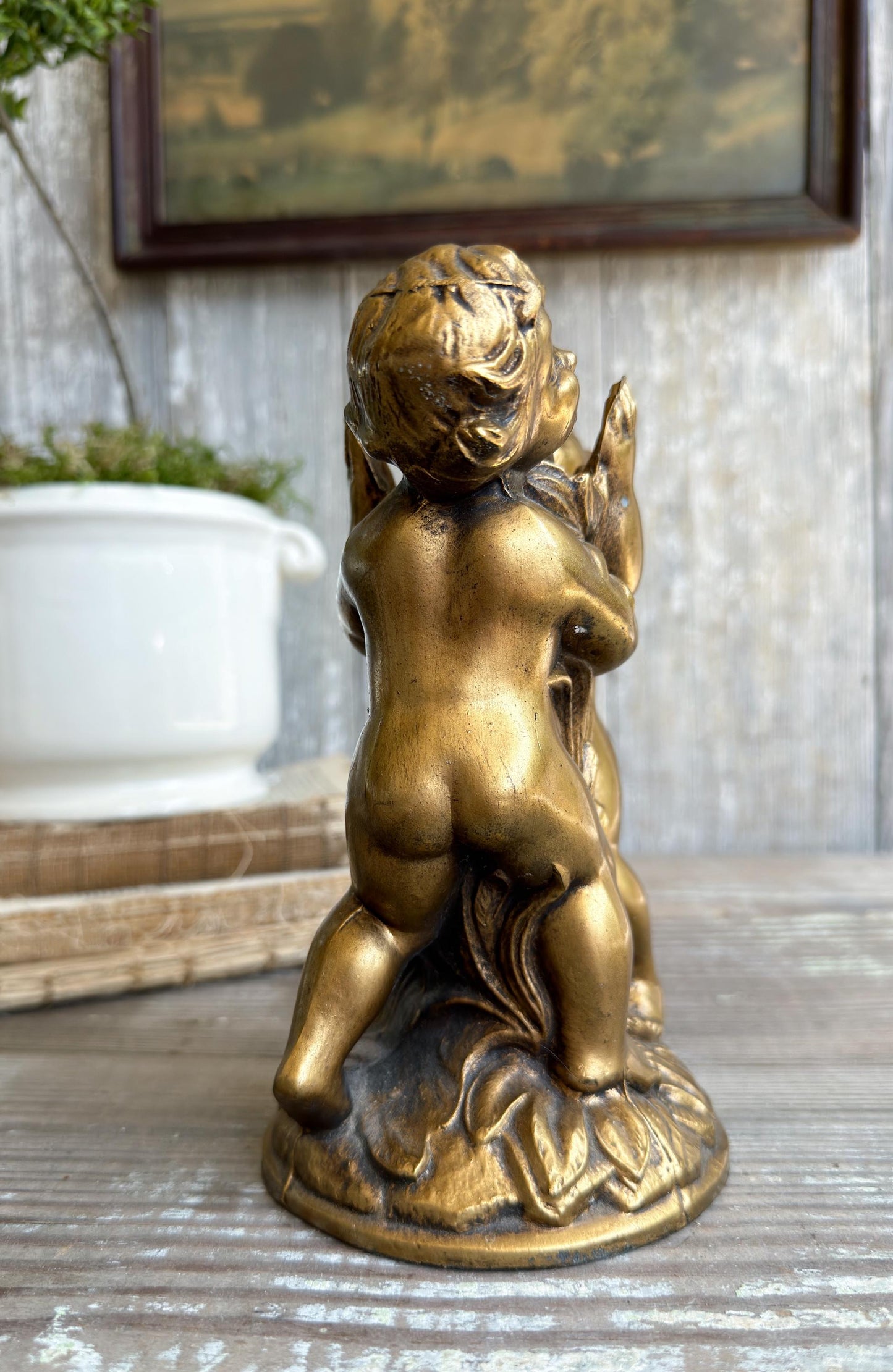 Vintage Cherub Lamp Base – Gold Metal Putti Candle Holder, Hollywood Regency Style, Ornate Table Lamp Part