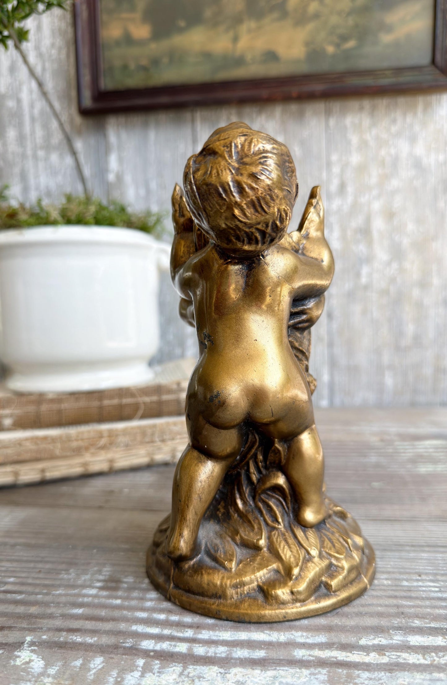 Vintage Cherub Lamp Base – Gold Metal Putti Candle Holder, Hollywood Regency Style, Ornate Table Lamp Part