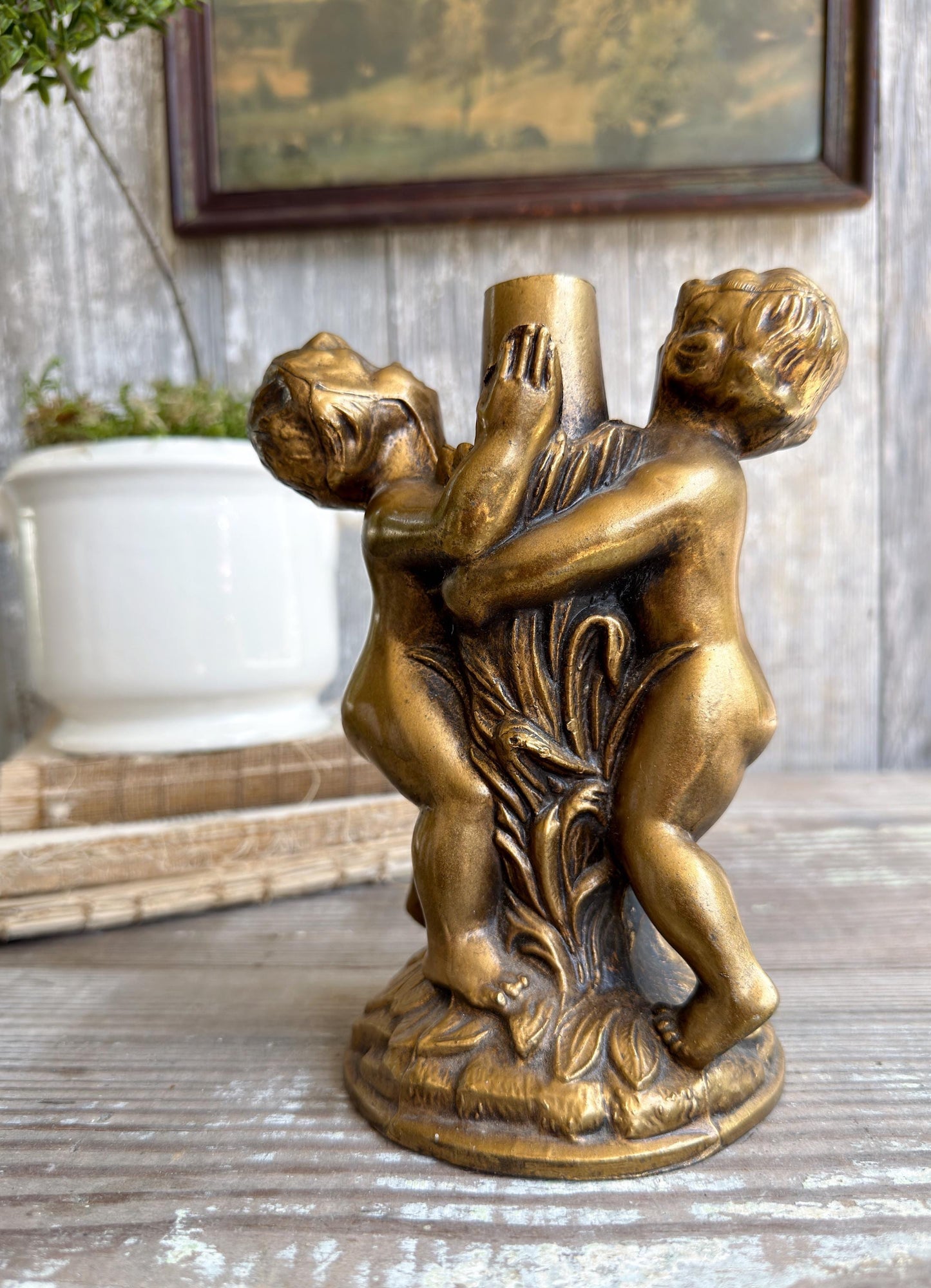 Vintage Cherub Lamp Base – Gold Metal Putti Candle Holder, Hollywood Regency Style, Ornate Table Lamp Part