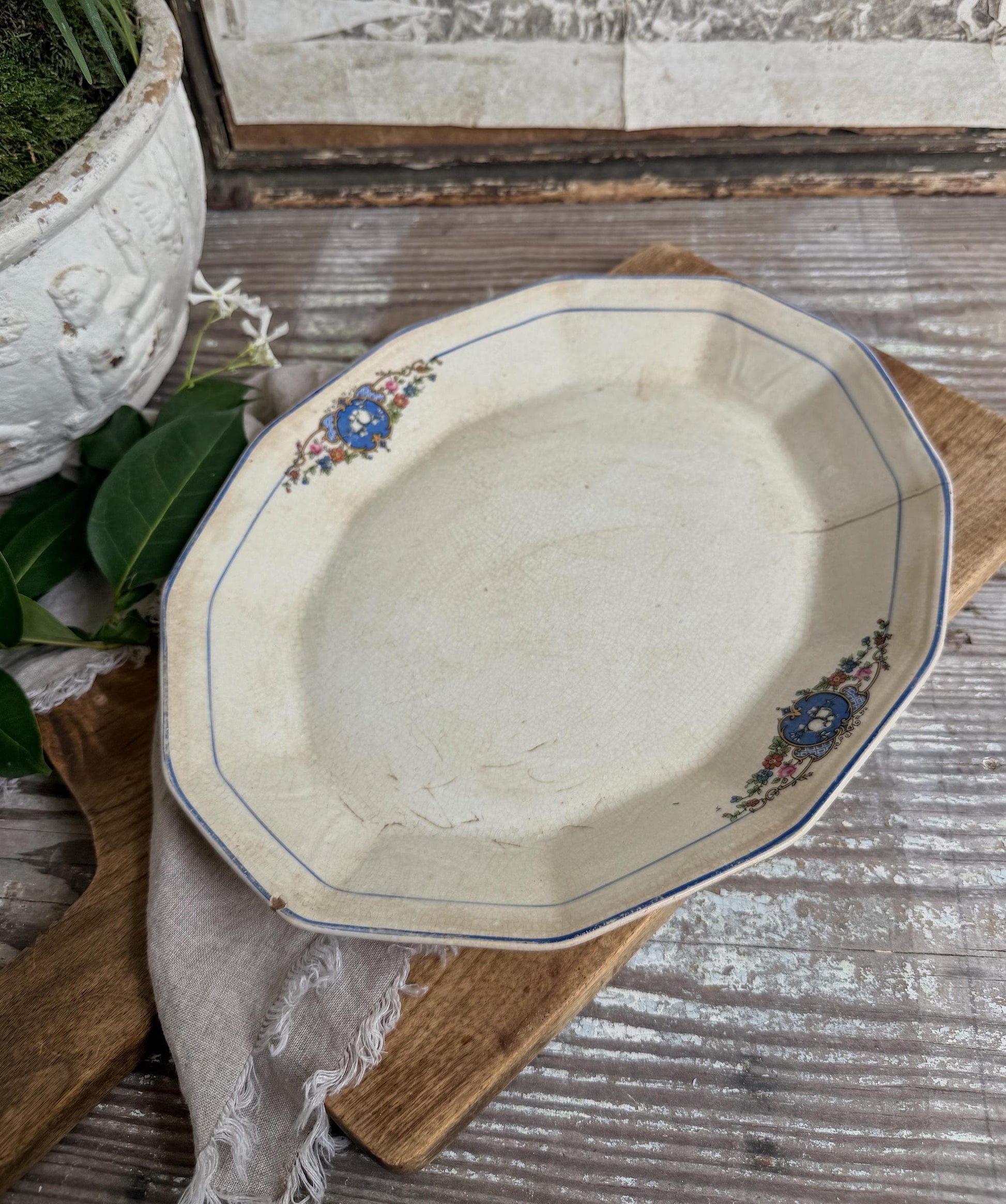 Antique Ironstone Platter – Blue Bird Transferware, English Cottage Serving Plate, Vintage Farmhouse Decor