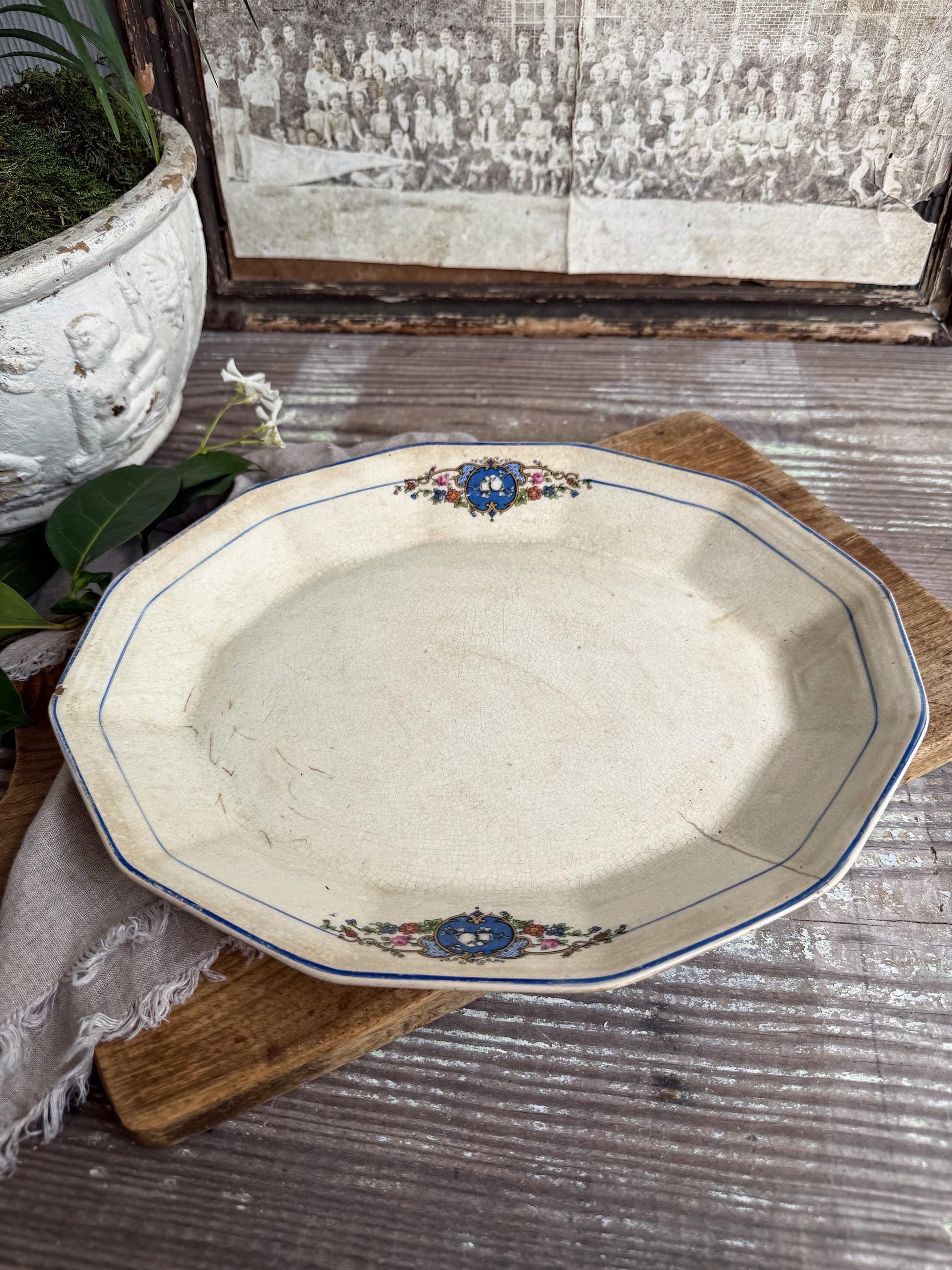 Antique Ironstone Platter – Blue Bird Transferware, English Cottage Serving Plate, Vintage Farmhouse Decor