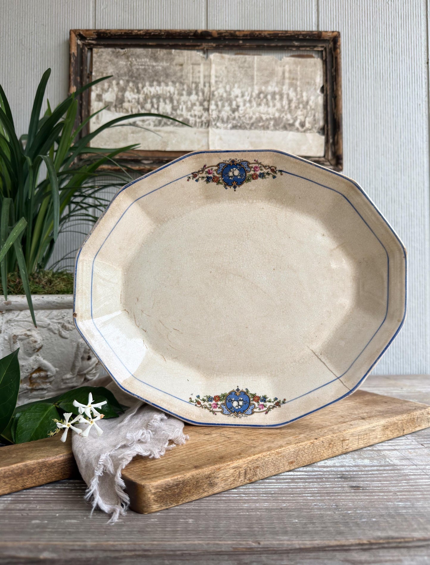 Antique Ironstone Platter – Blue Bird Transferware, English Cottage Serving Plate, Vintage Farmhouse Decor