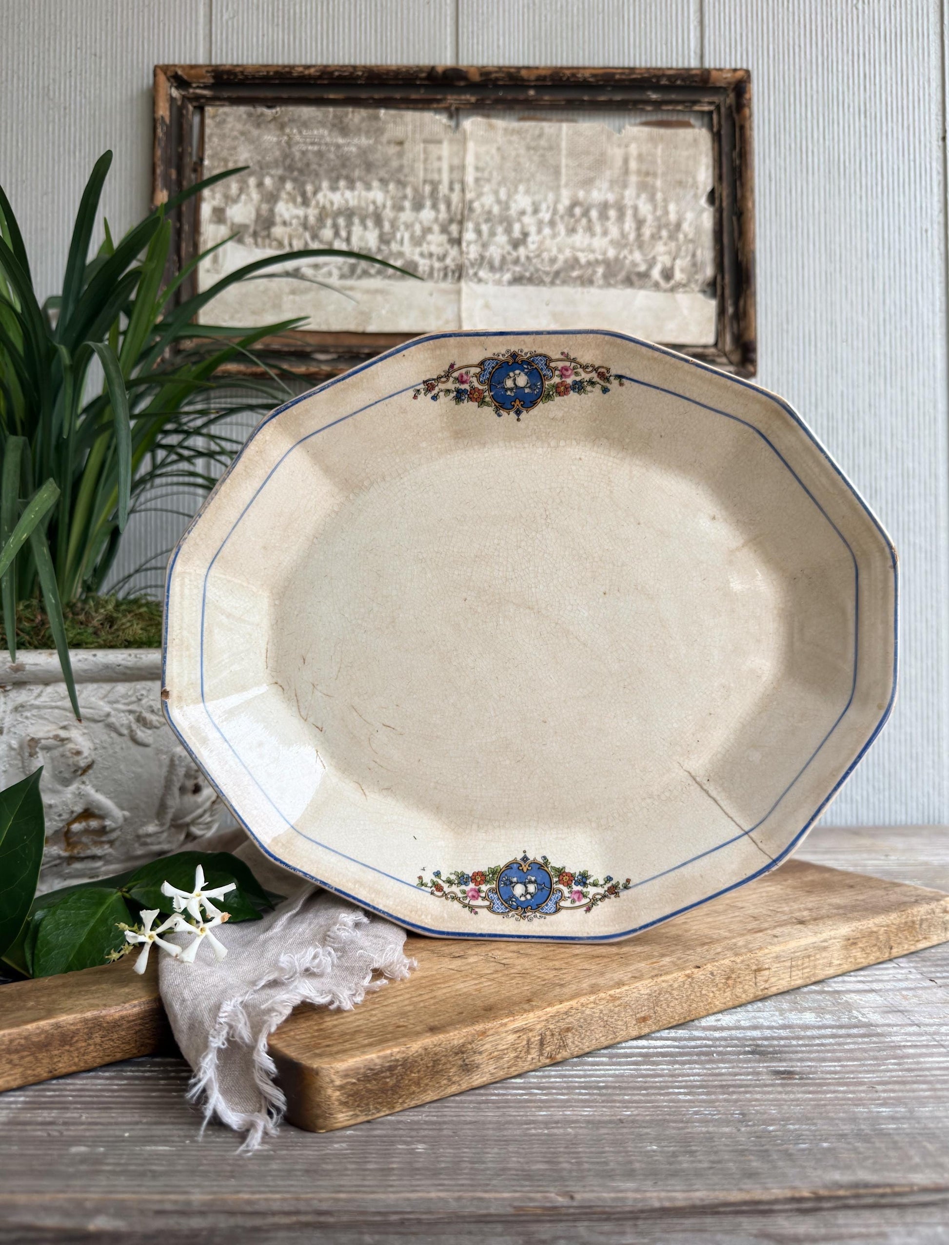 Antique Ironstone Platter – Blue Bird Transferware, English Cottage Serving Plate, Vintage Farmhouse Decor