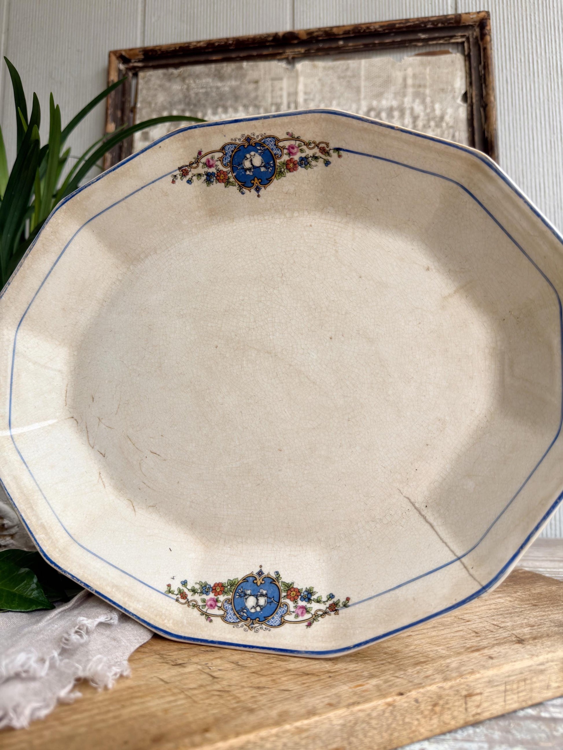 Antique Ironstone Platter – Blue Bird Transferware, English Cottage Serving Plate, Vintage Farmhouse Decor