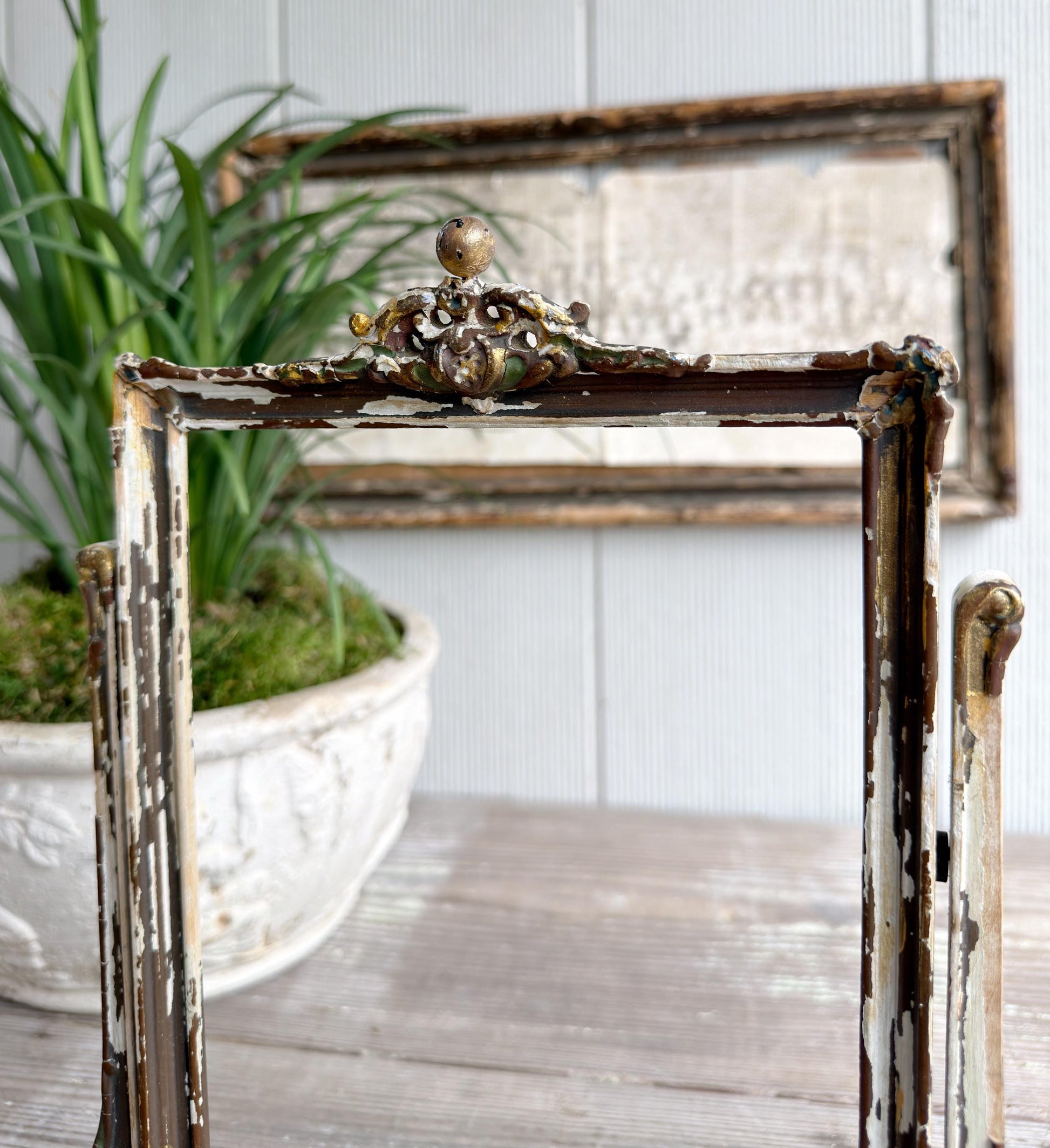 Antique Ornate Wood Frame Stand – Adjustable Swivel Display, Chippy Painted Architectural Frame, Vintage Decor