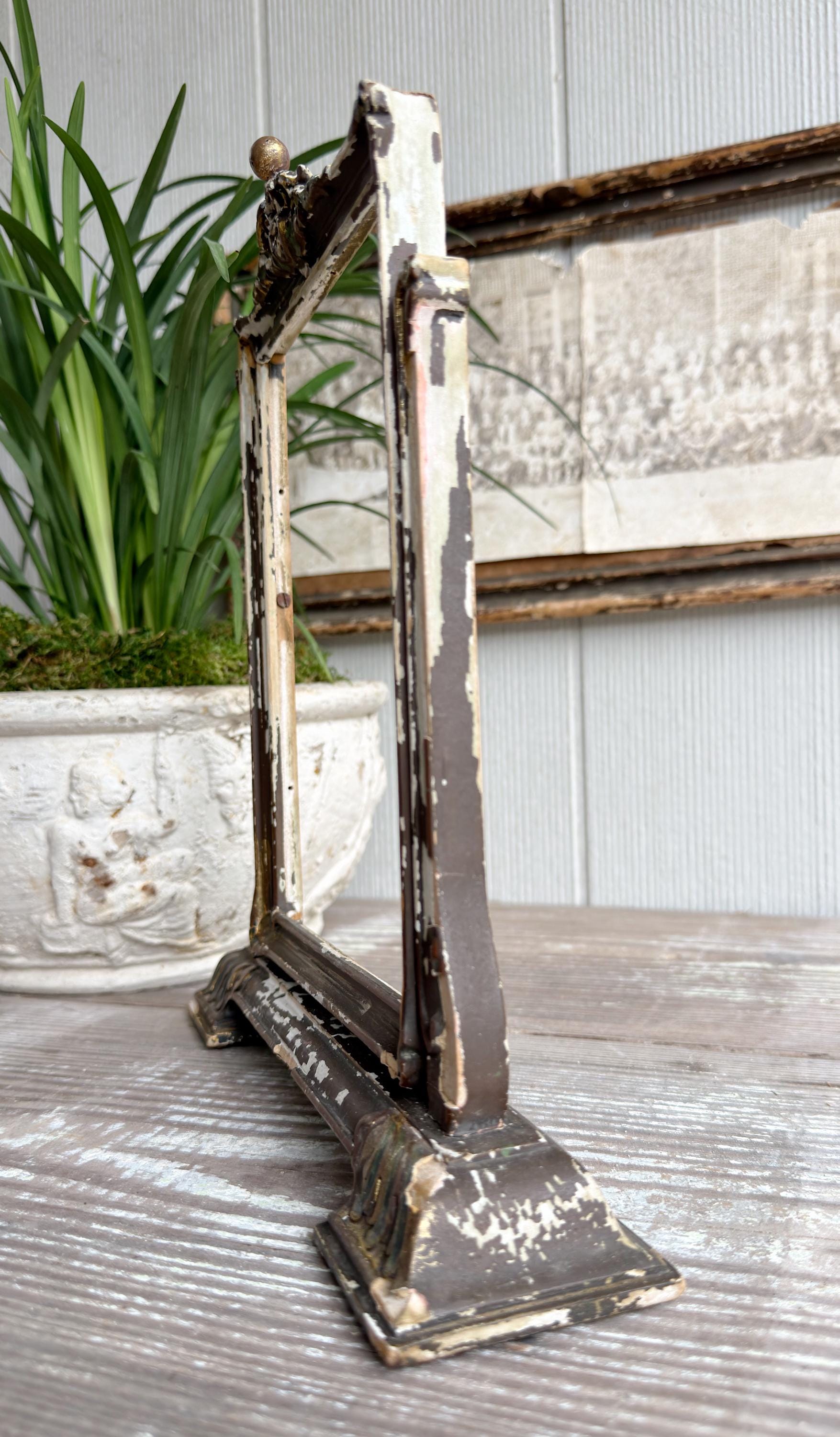 Antique Ornate Wood Frame Stand – Adjustable Swivel Display, Chippy Painted Architectural Frame, Vintage Decor