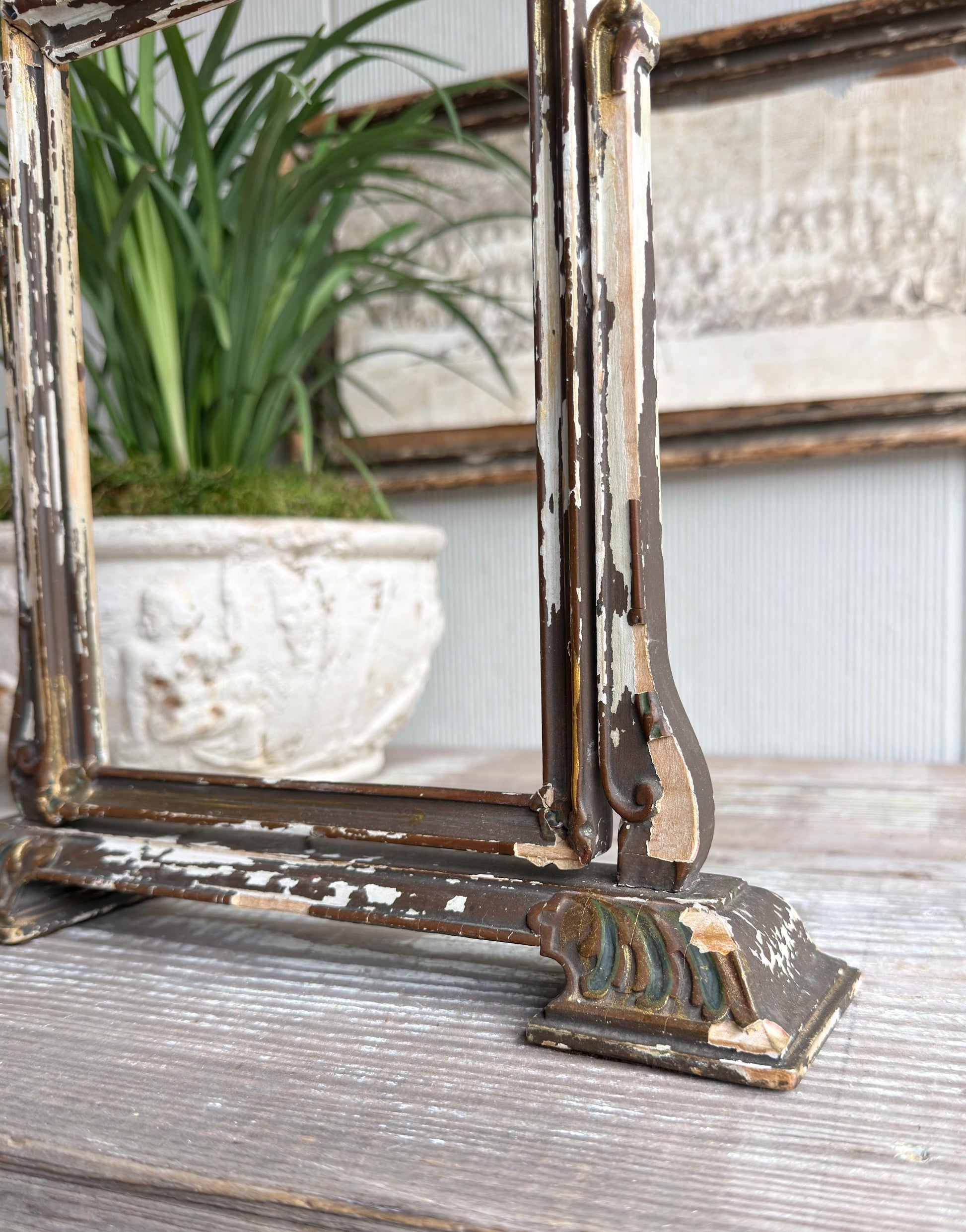 Antique Ornate Wood Frame Stand – Adjustable Swivel Display, Chippy Painted Architectural Frame, Vintage Decor