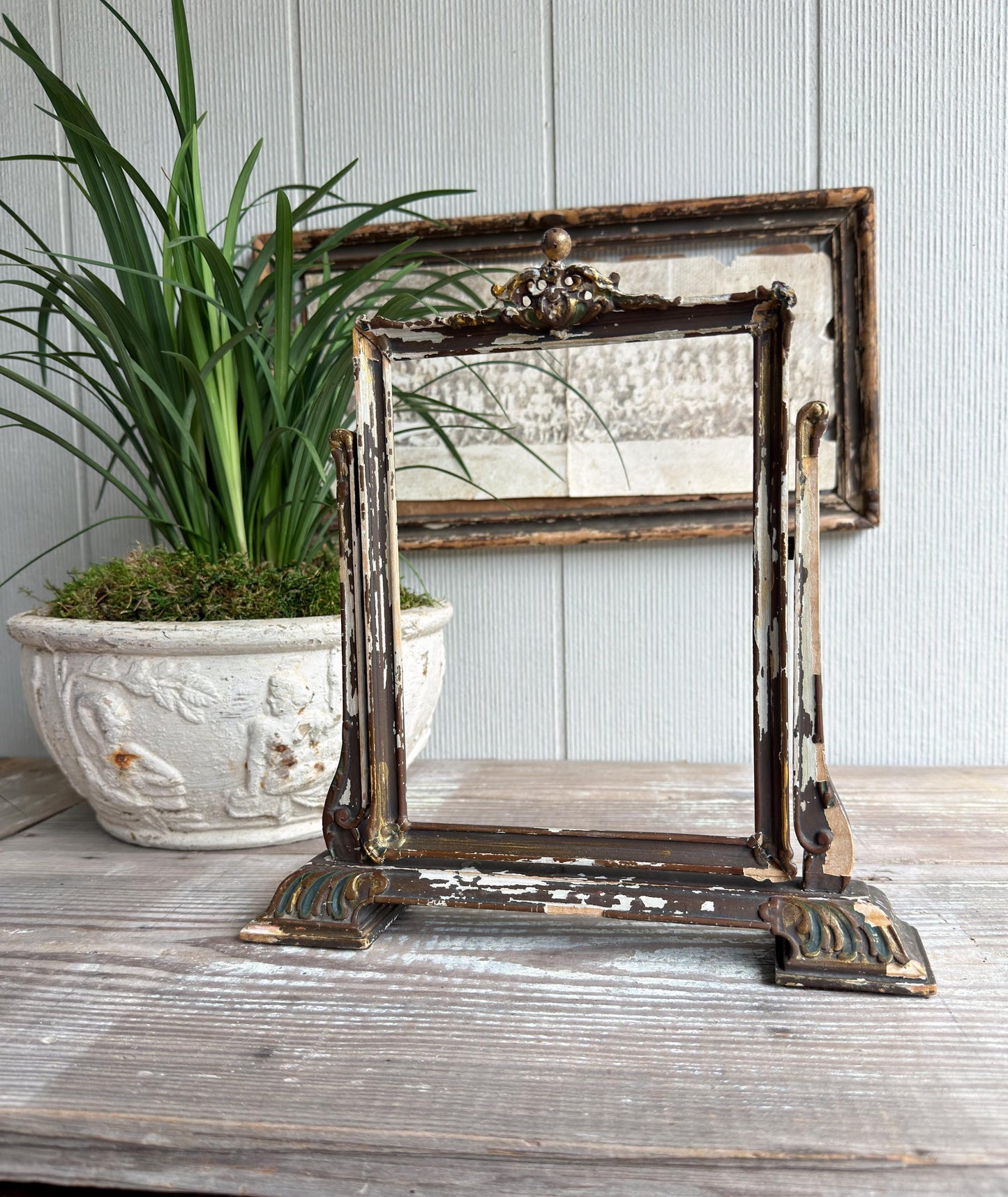 Antique Ornate Wood Frame Stand – Adjustable Swivel Display, Chippy Painted Architectural Frame, Vintage Decor