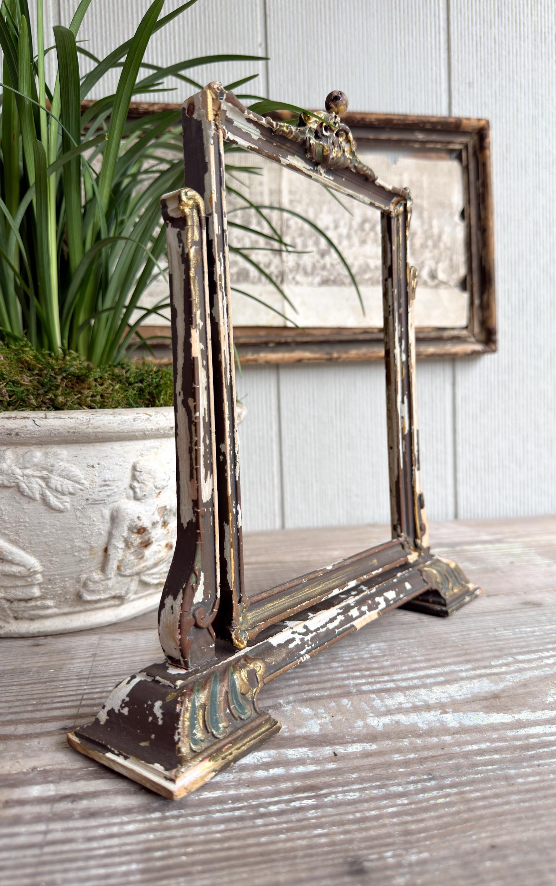 Antique Ornate Wood Frame Stand – Adjustable Swivel Display, Chippy Painted Architectural Frame, Vintage Decor