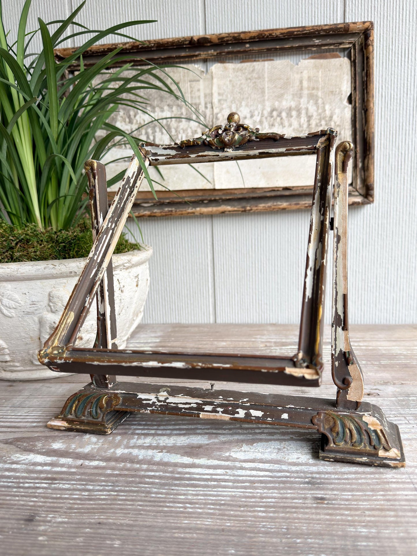 Antique Ornate Wood Frame Stand – Adjustable Swivel Display, Chippy Painted Architectural Frame, Vintage Decor