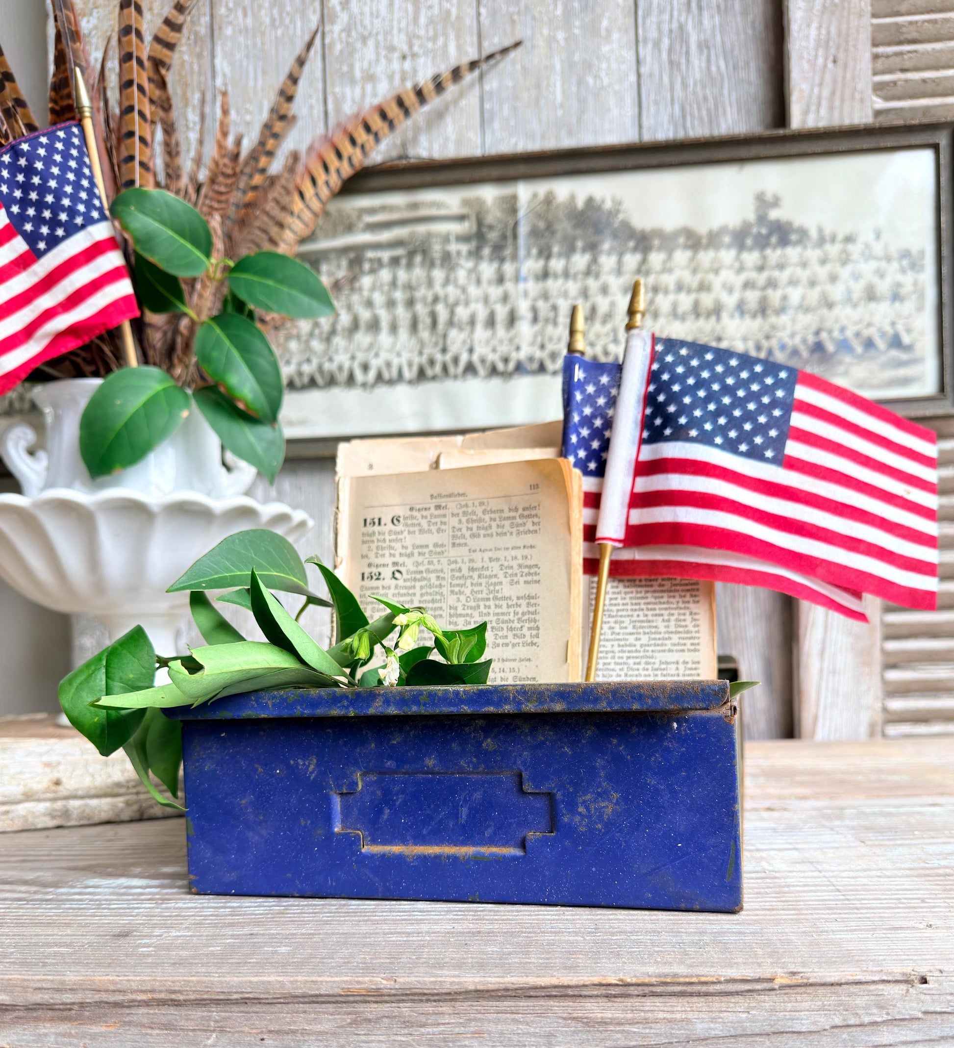 Vintage Blue Metal Drawer Bin – Industrial Storage Tray, Rustic Farmhouse Organizer, Primitive Metal Box