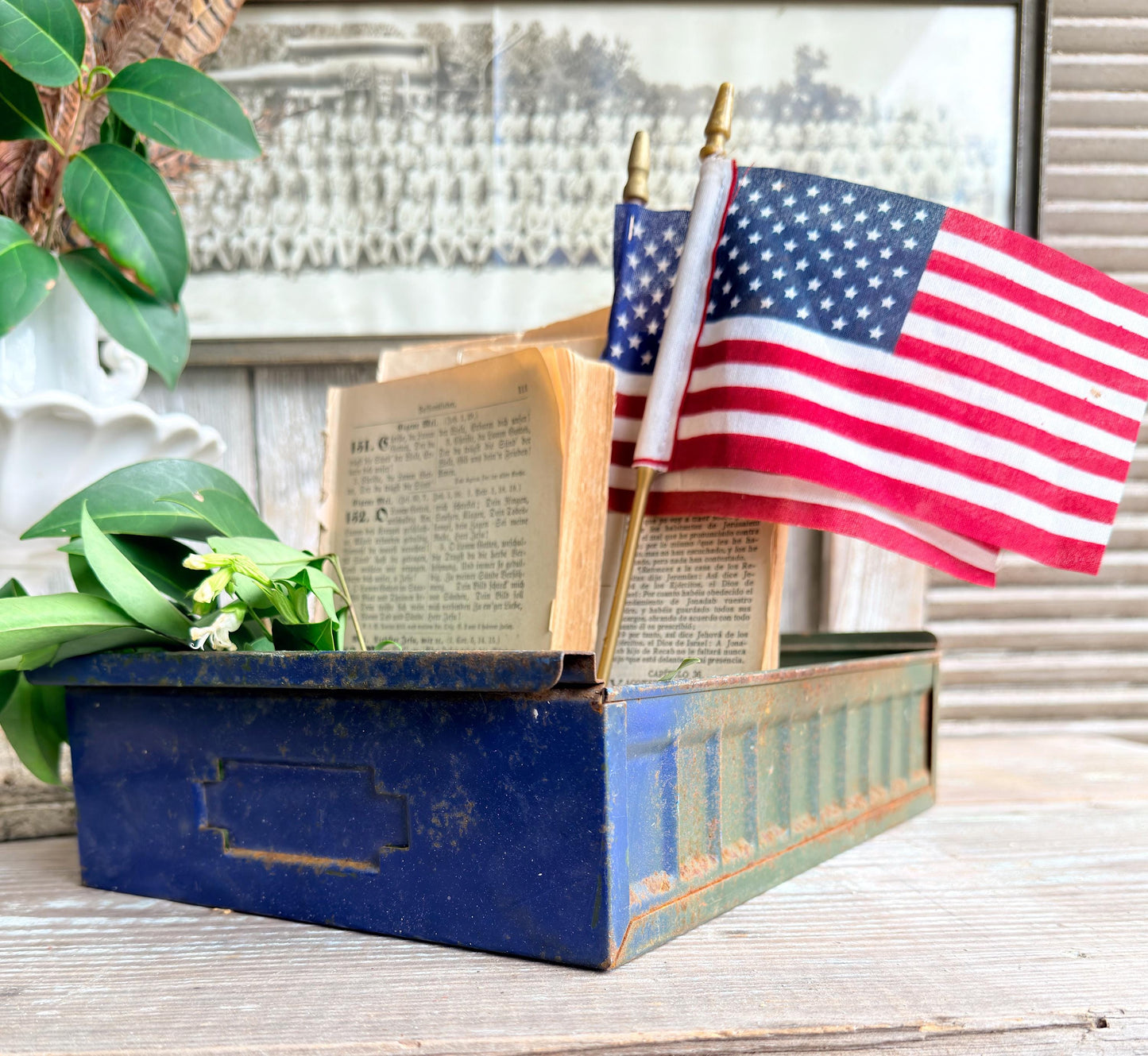 Vintage Blue Metal Drawer Bin – Industrial Storage Tray, Rustic Farmhouse Organizer, Primitive Metal Box
