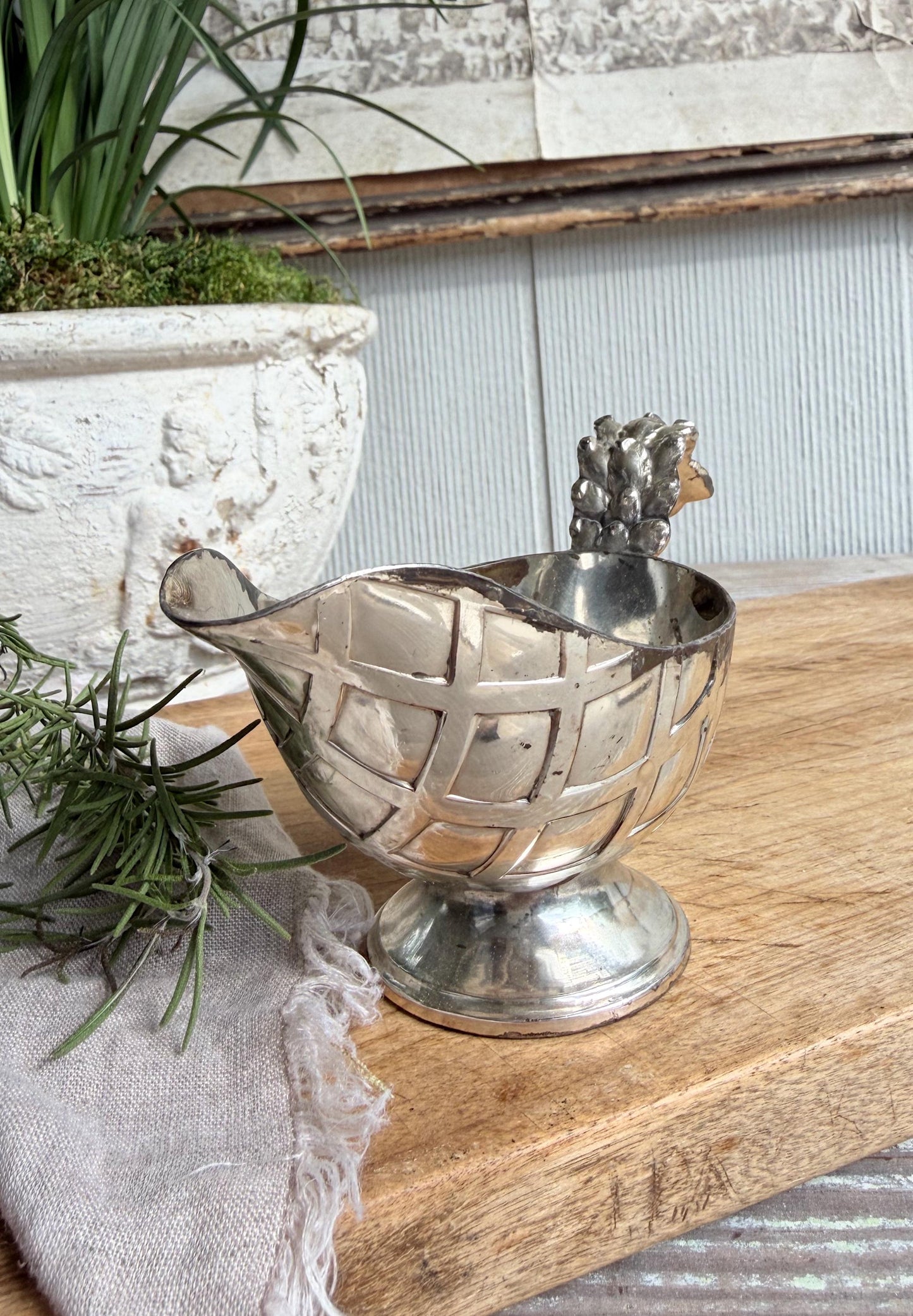 Vintage Silver Plate Creamer Pitcher – Grape Handle Sauce Server, Farmhouse Table Decor