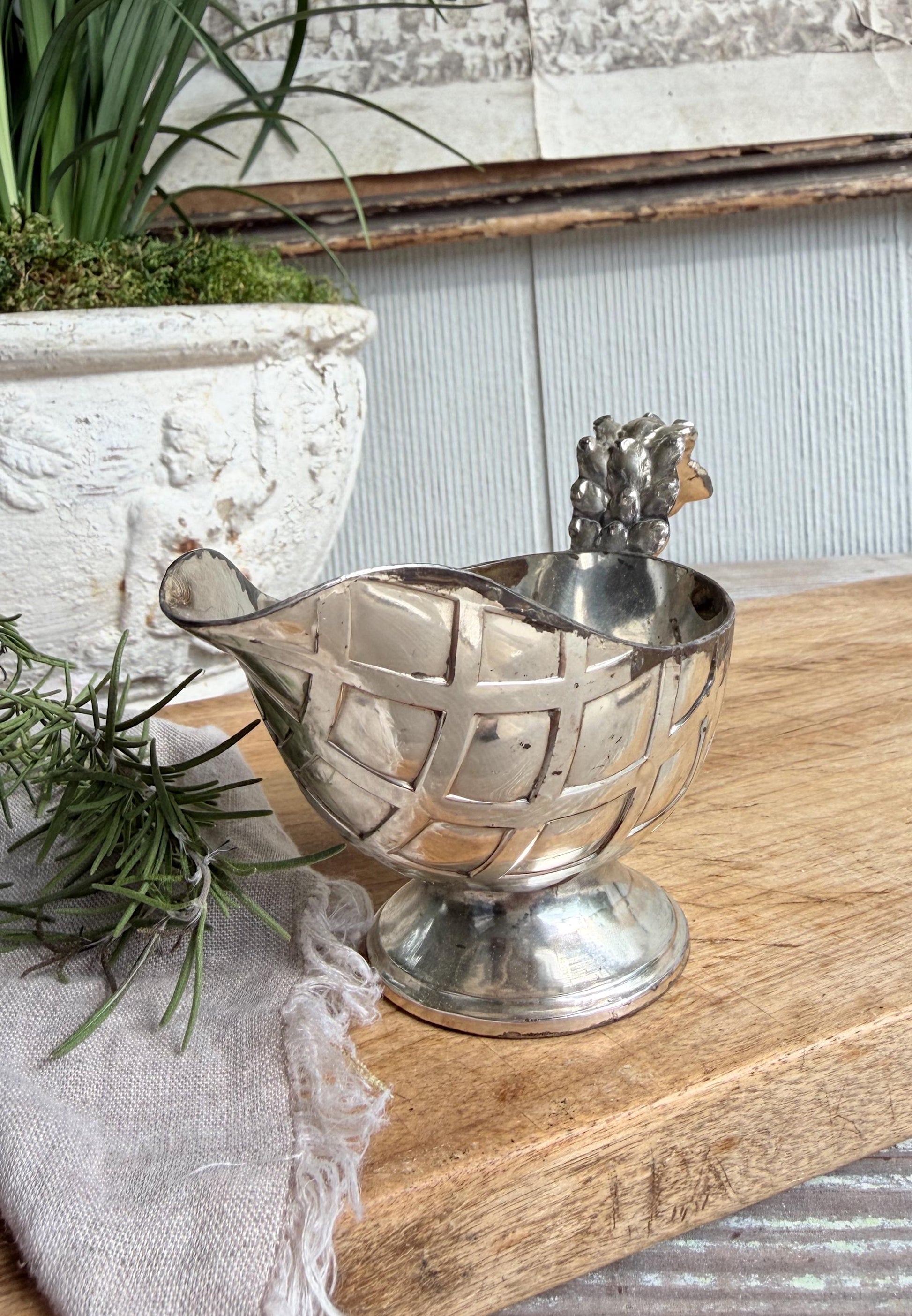 Vintage Silver Plate Creamer Pitcher – Grape Handle Sauce Server, Farmhouse Table Decor