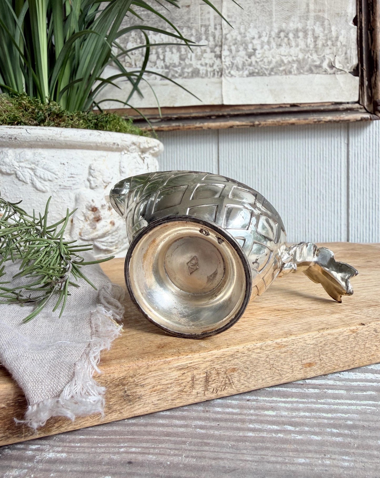 Vintage Silver Plate Creamer Pitcher – Grape Handle Sauce Server, Farmhouse Table Decor