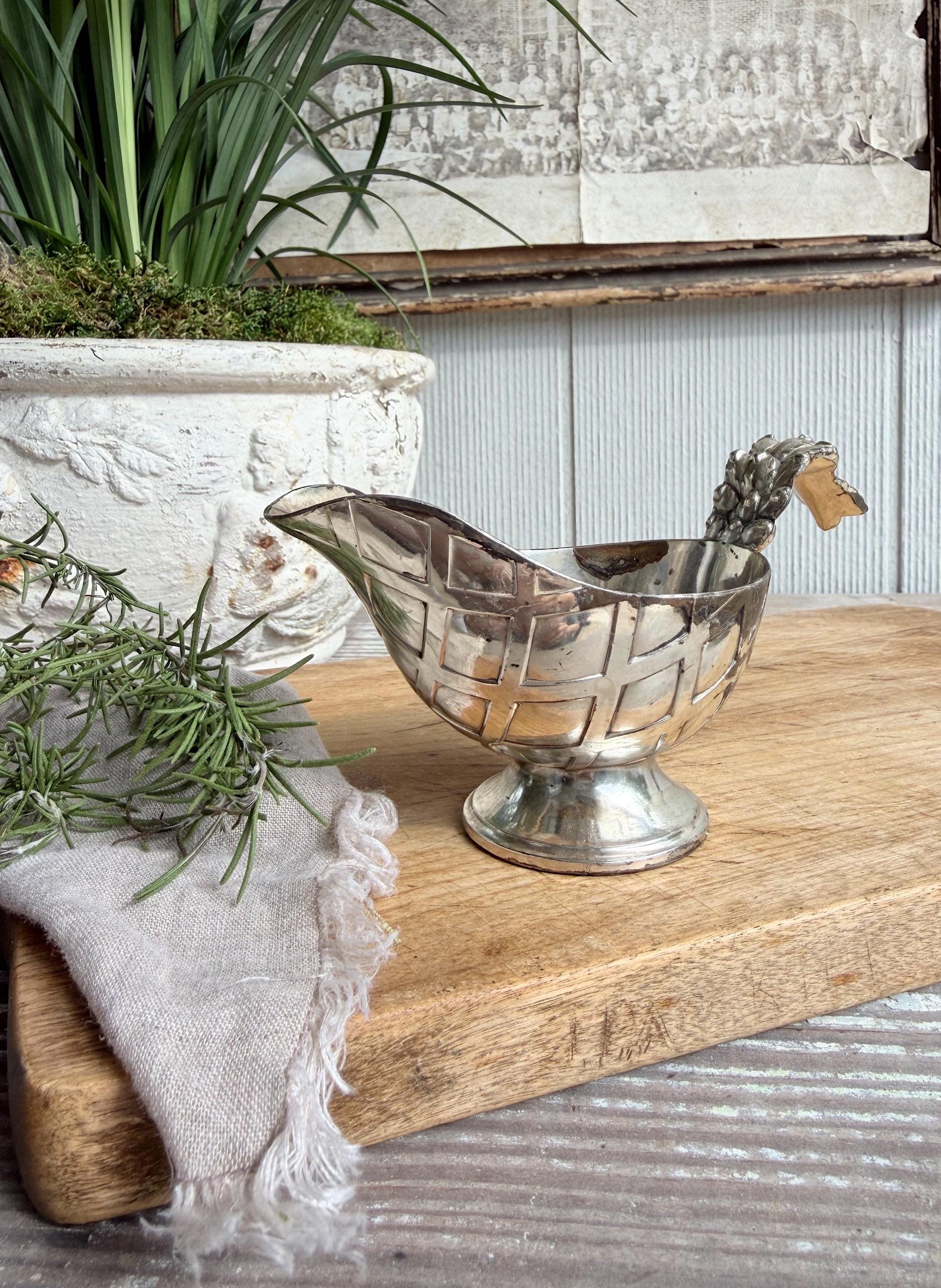 Vintage Silver Plate Creamer Pitcher – Grape Handle Sauce Server, Farmhouse Table Decor