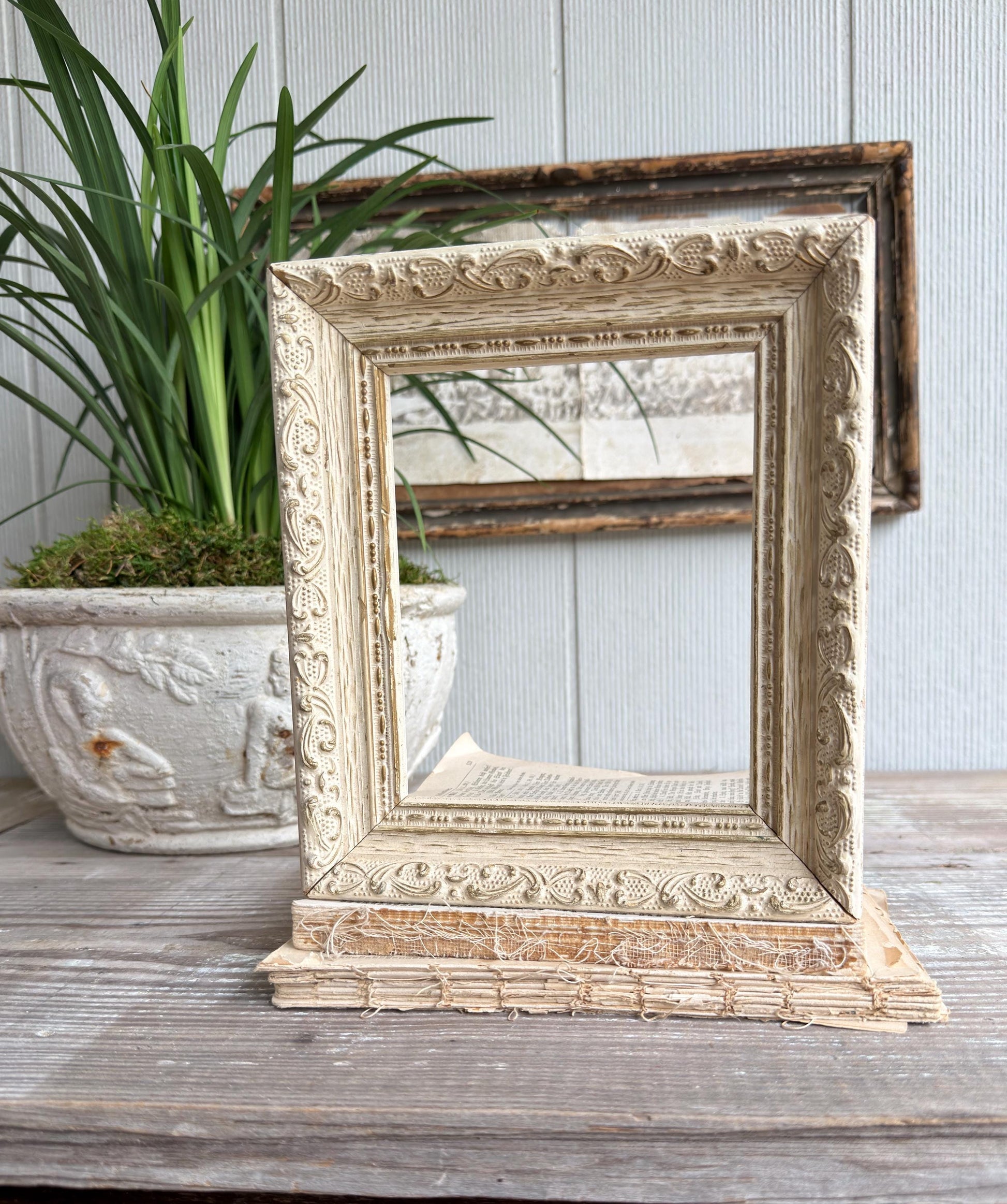 Vintage Wood Picture Frame, Carved Chippy White, Farmhouse Cottage Decor, Tabletop Display