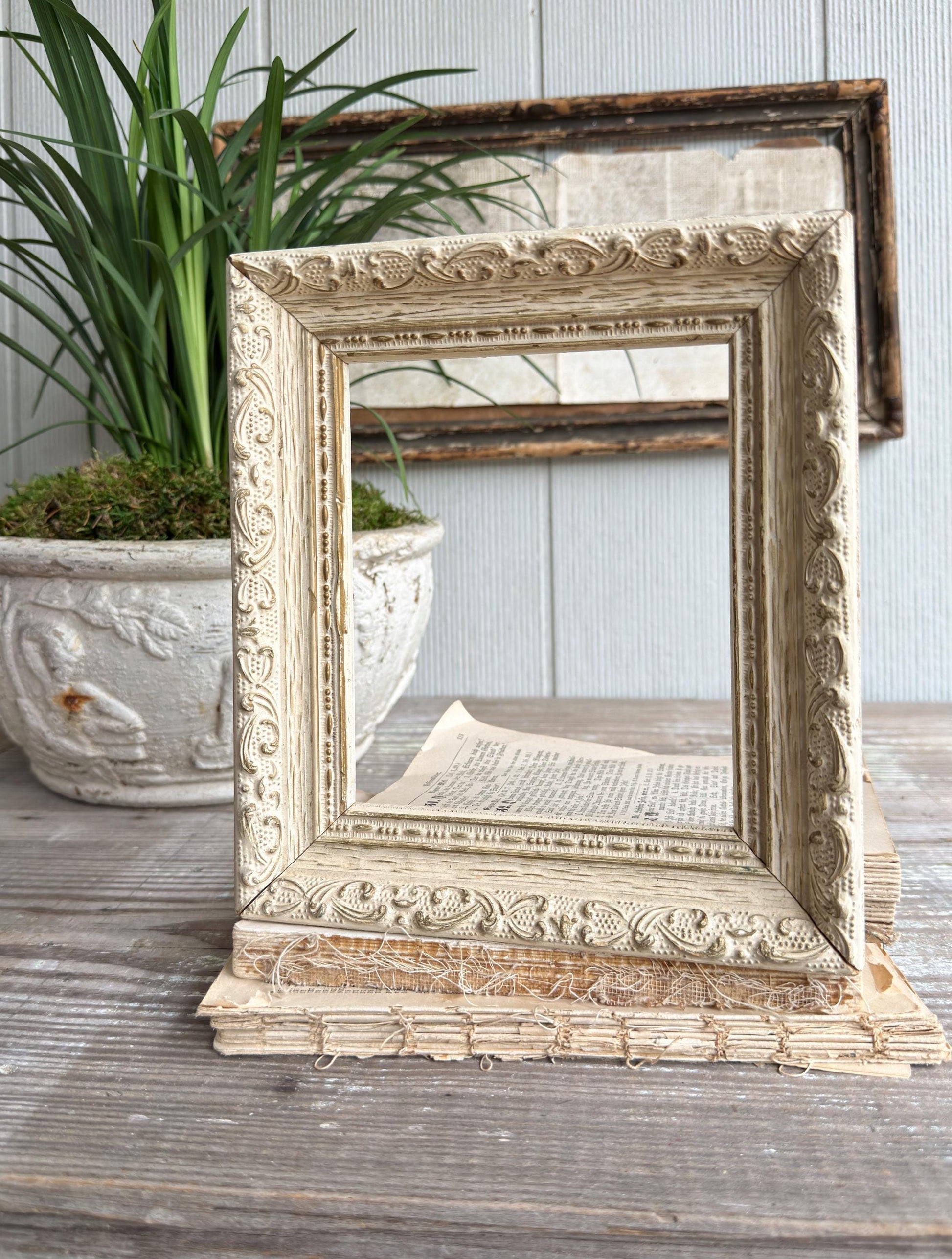 Vintage Wood Picture Frame, Carved Chippy White, Farmhouse Cottage Decor, Tabletop Display
