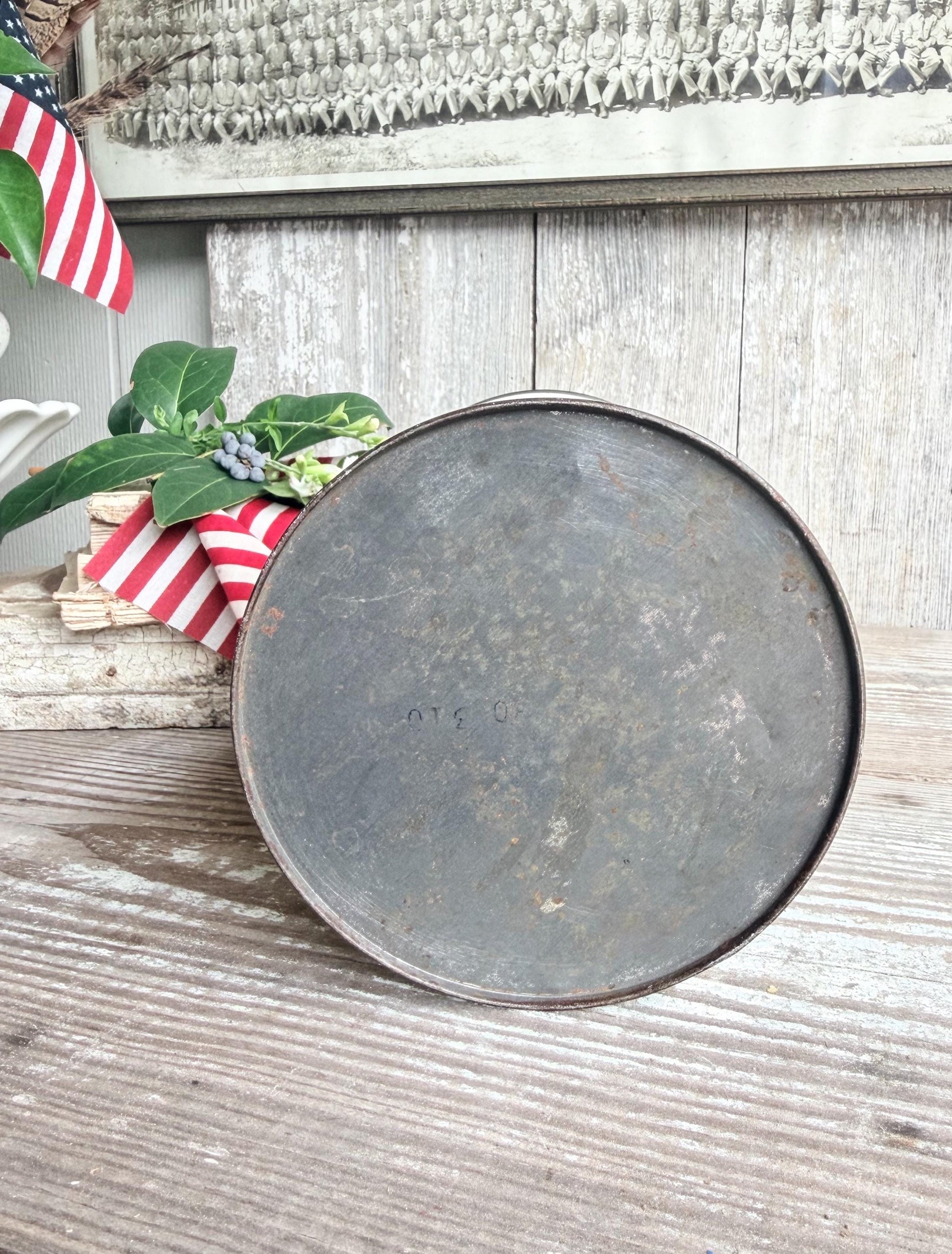 Vintage CRACKER JACK Tin Can Red White Blue Farmhouse Decor Industrial Salvage AMERICANA Decor 6 oz
