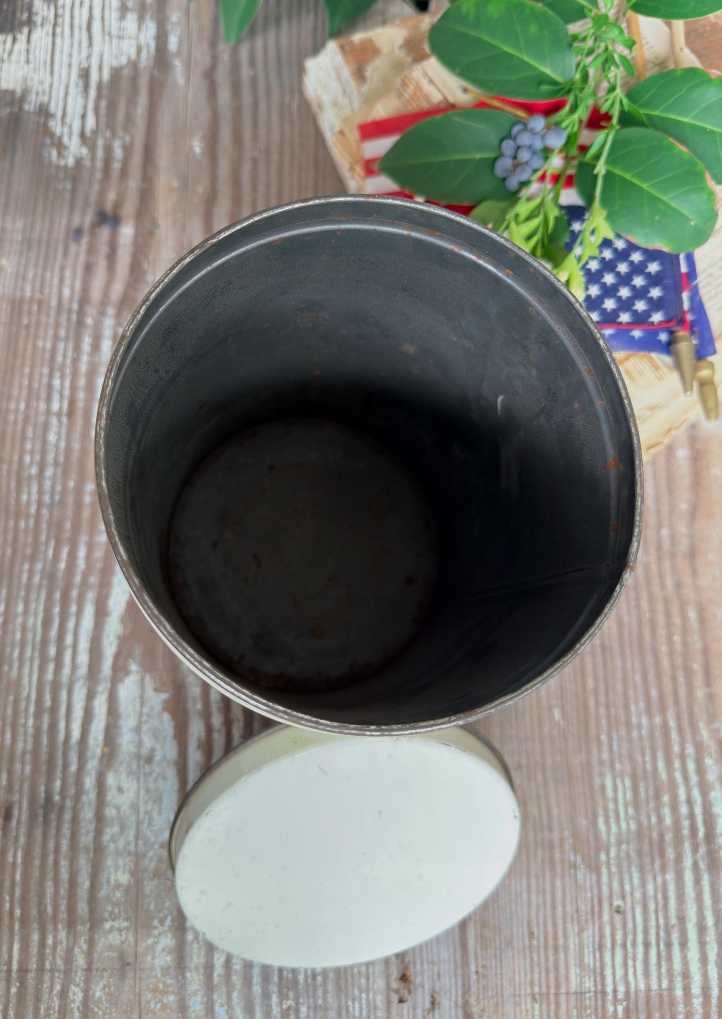Vintage CRACKER JACK Tin Can Red White Blue Farmhouse Decor Industrial Salvage AMERICANA Decor 6 oz