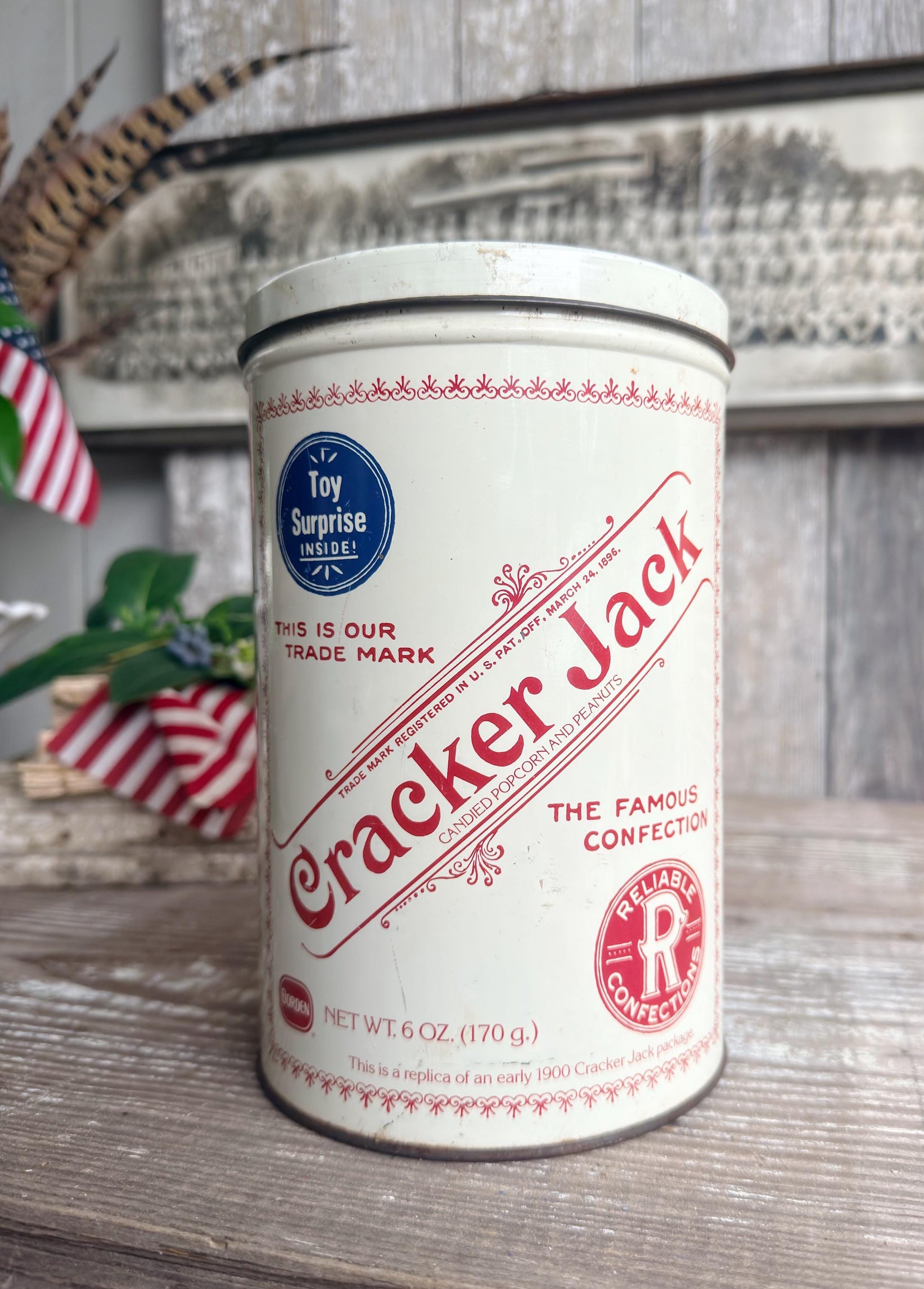 Vintage CRACKER JACK Tin Can Red White Blue Farmhouse Decor Industrial Salvage AMERICANA Decor 6 oz