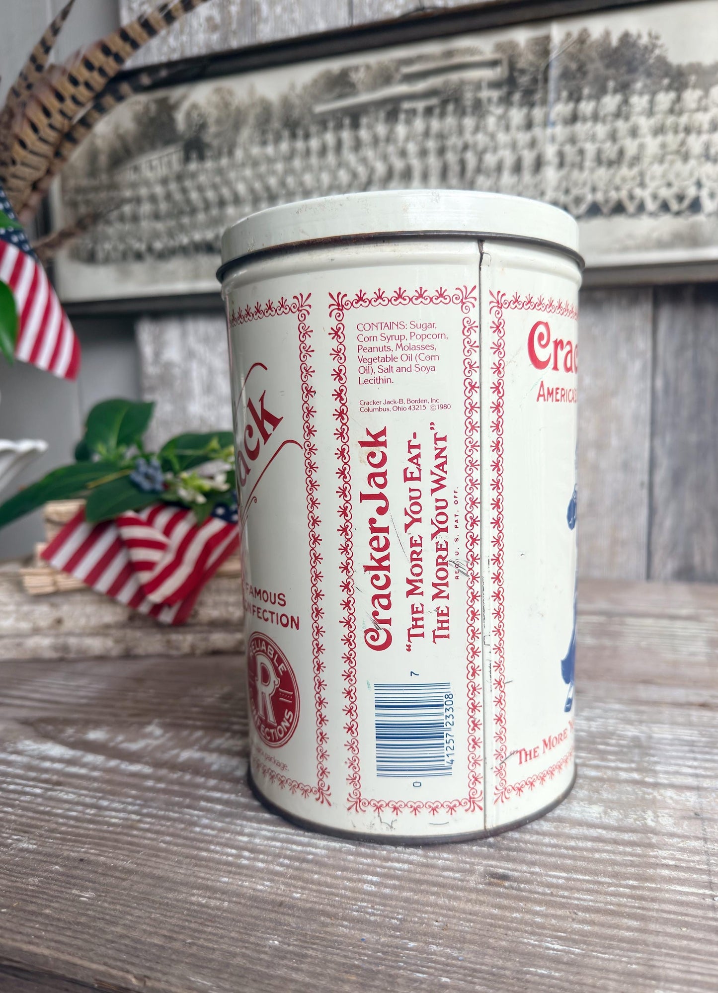 Vintage CRACKER JACK Tin Can Red White Blue Farmhouse Decor Industrial Salvage AMERICANA Decor 6 oz