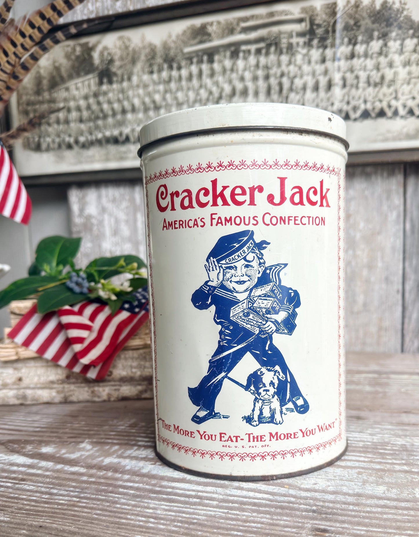 Vintage CRACKER JACK Tin Can Red White Blue Farmhouse Decor Industrial Salvage AMERICANA Decor 6 oz