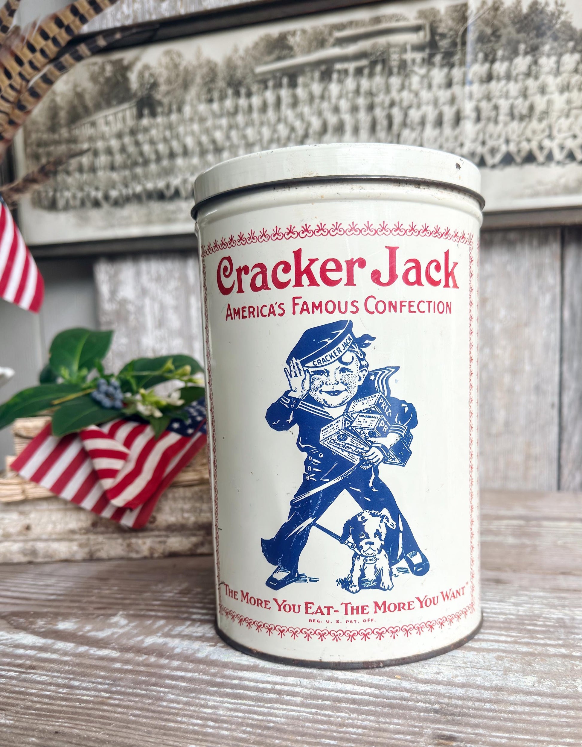 Vintage CRACKER JACK Tin Can Red White Blue Farmhouse Decor Industrial Salvage AMERICANA Decor 6 oz