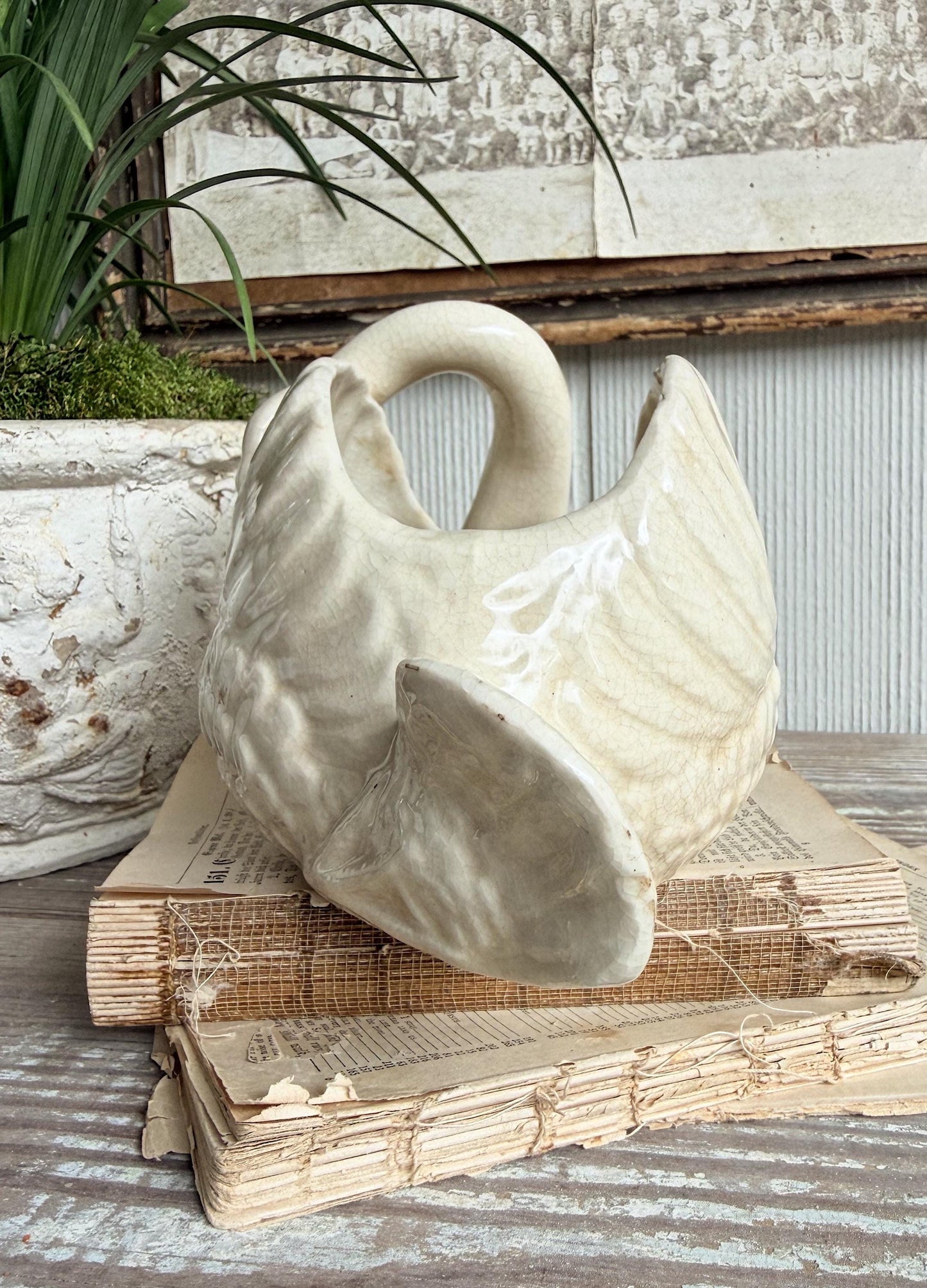 Antique Ironstone SWAN PLANTER Bowl Vase Farmhouse Primitive Decor Crazed Stained Japan