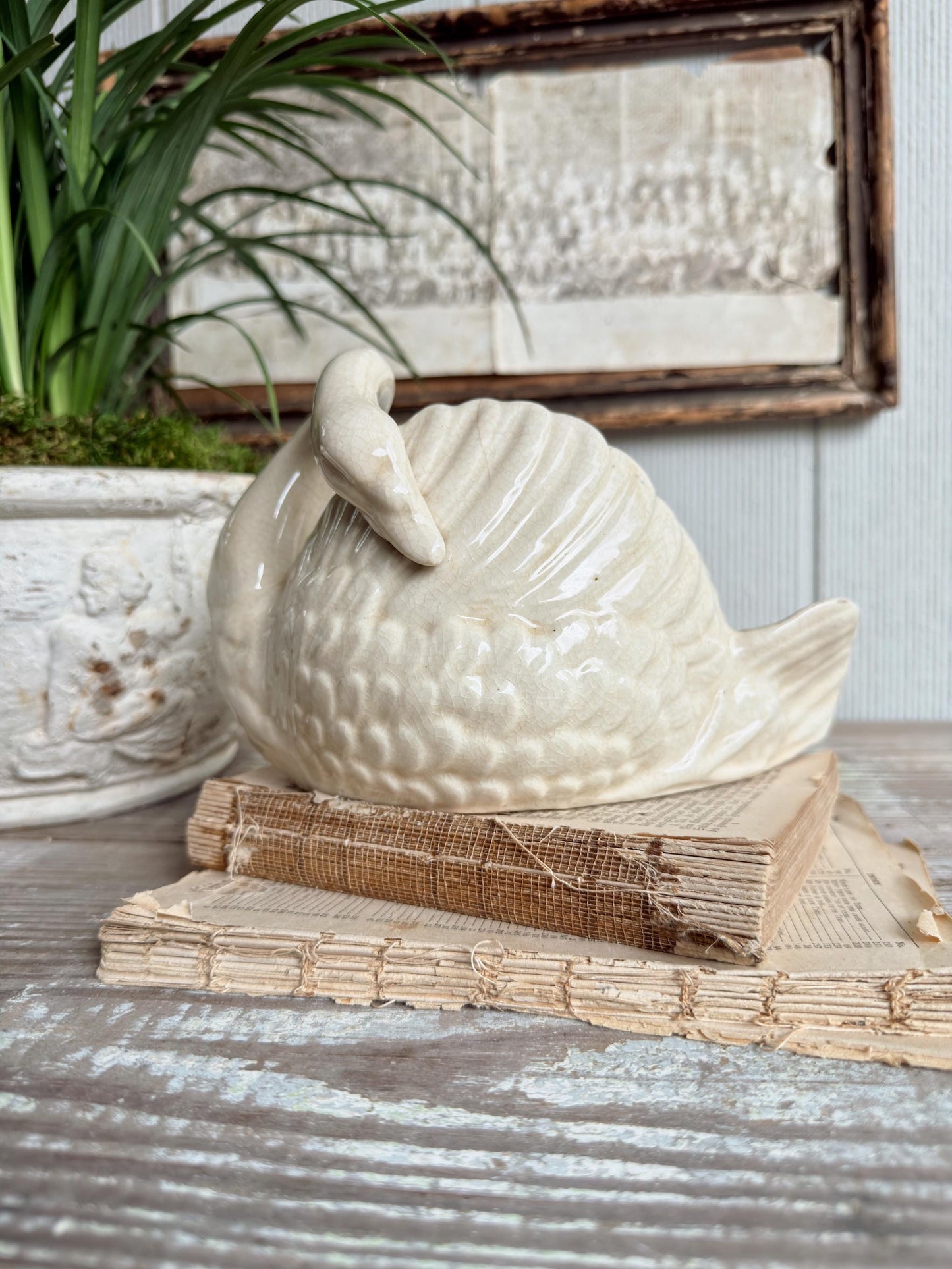 Antique Ironstone SWAN PLANTER Bowl Vase Farmhouse Primitive Decor Crazed Stained Japan