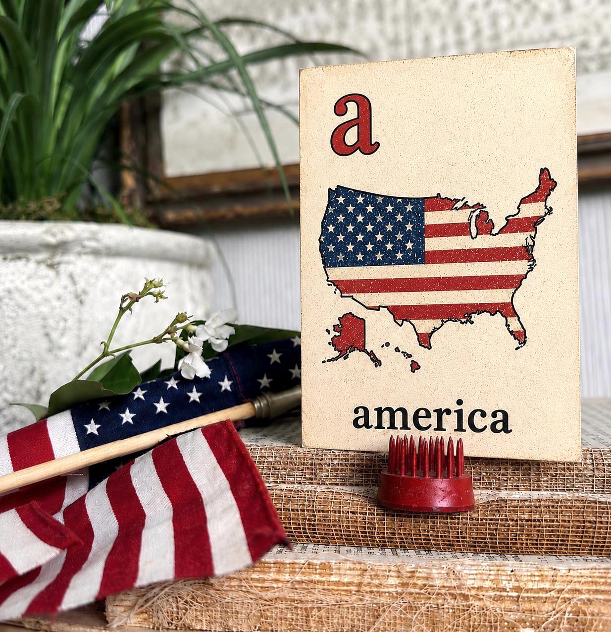 AMERICA MAP Flash Card Vintage Americana Decor Patriotic Fourth July Party