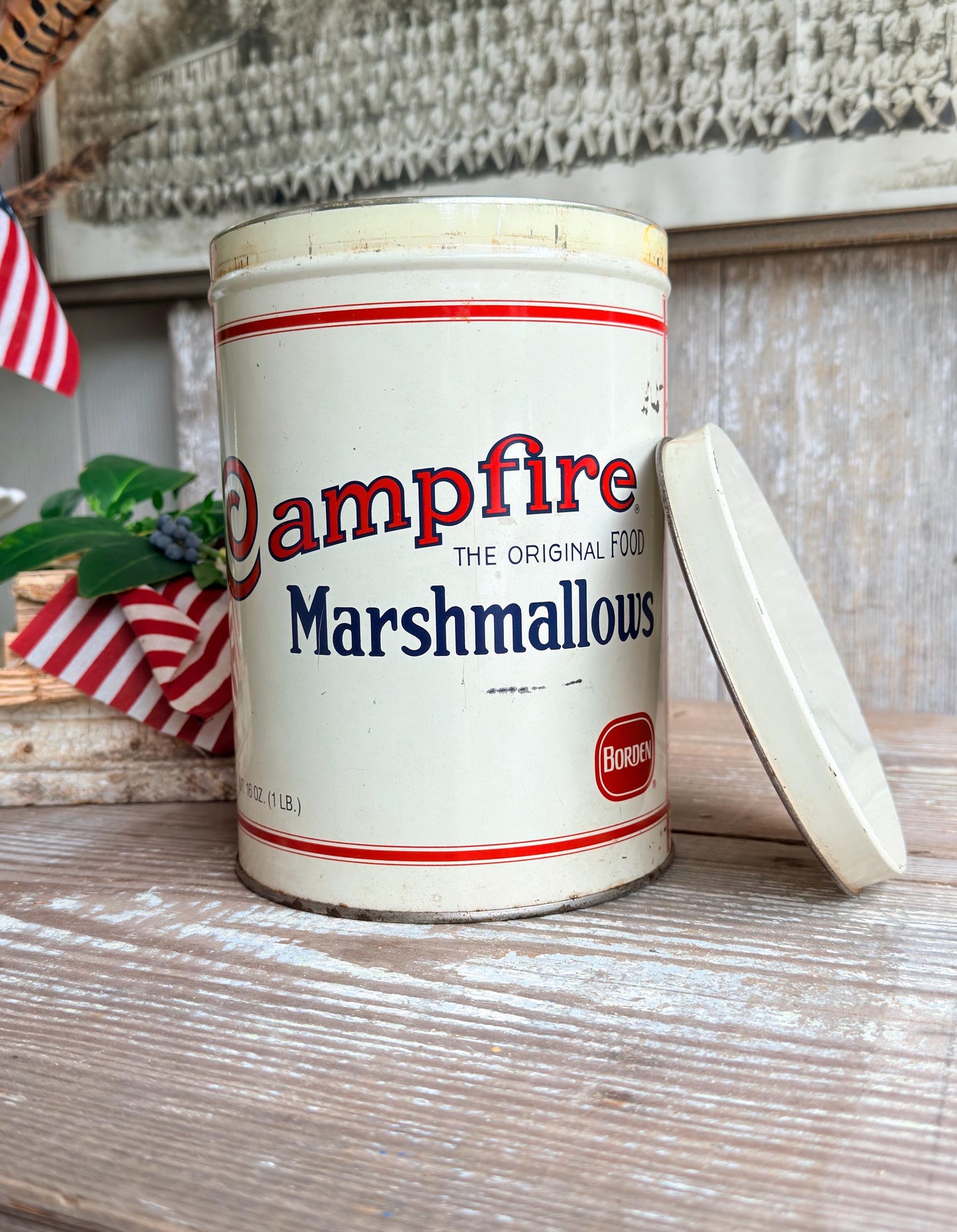 Vintage CAMPFIRE MARSHMALLOWS Tin Can Americana Farmhouse Decor