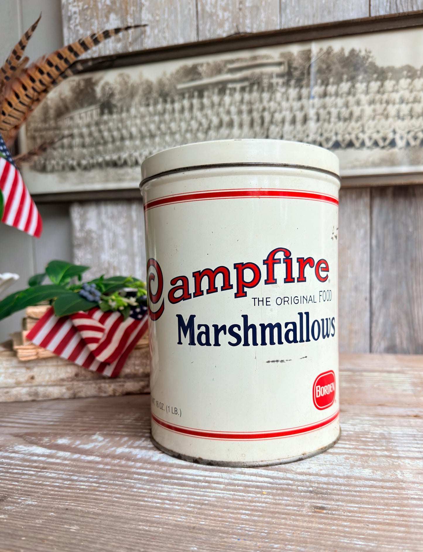Vintage CAMPFIRE MARSHMALLOWS Tin Can Americana Farmhouse Decor
