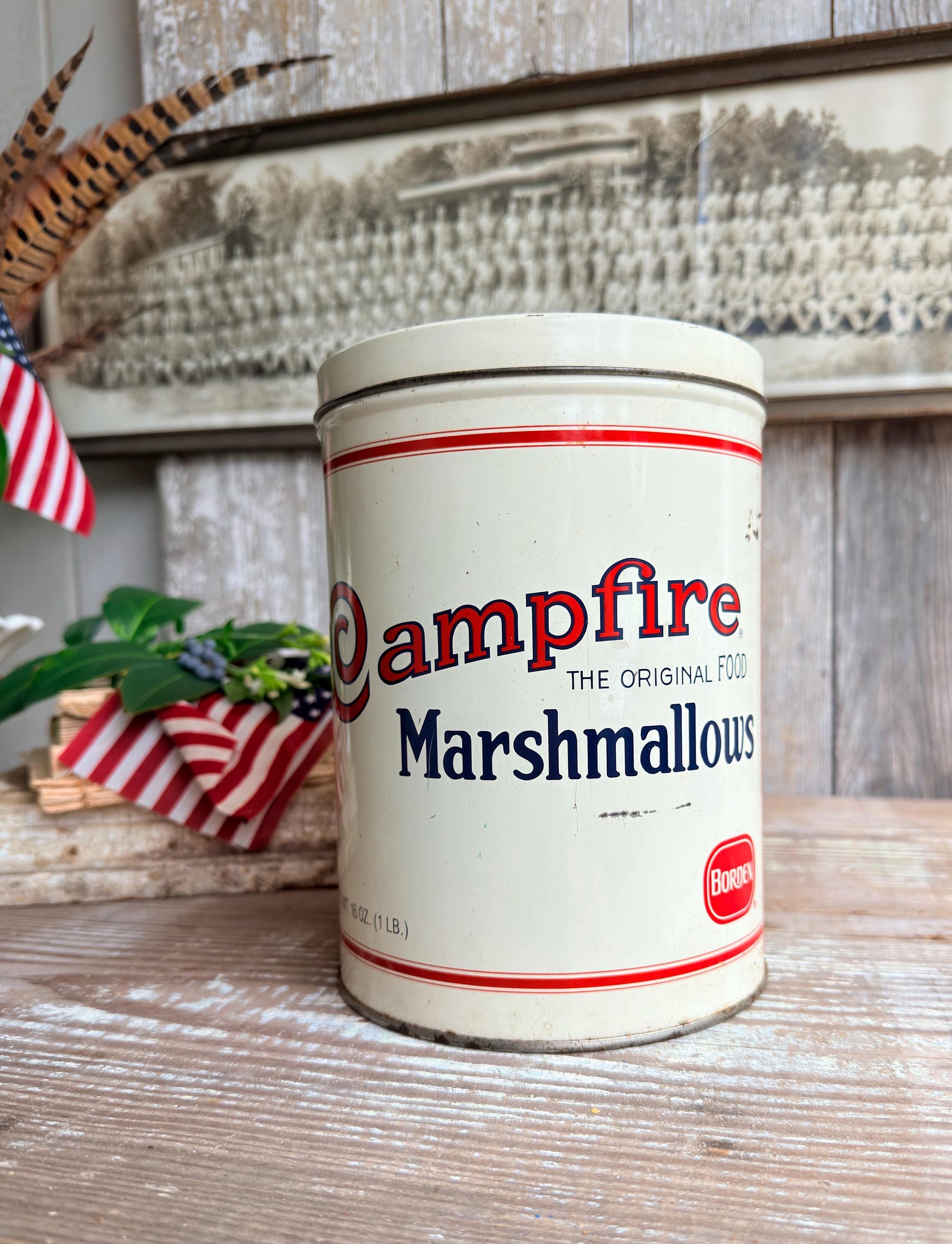 Vintage CAMPFIRE MARSHMALLOWS Tin Can Americana Farmhouse Decor