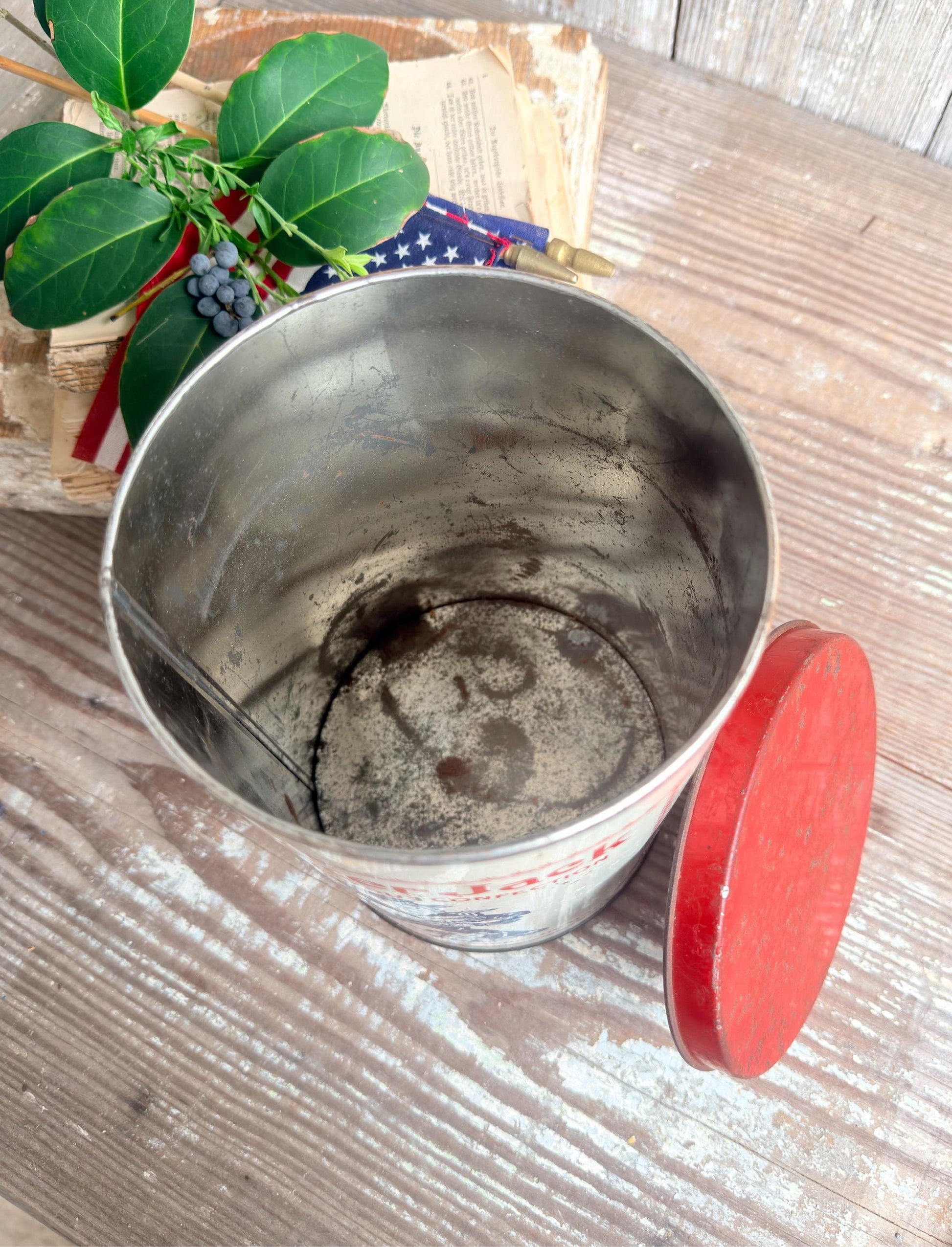 Vintage CRACKER JACK Tin Can Red White Blue Farmhouse Americana Decor Rare Red Lid