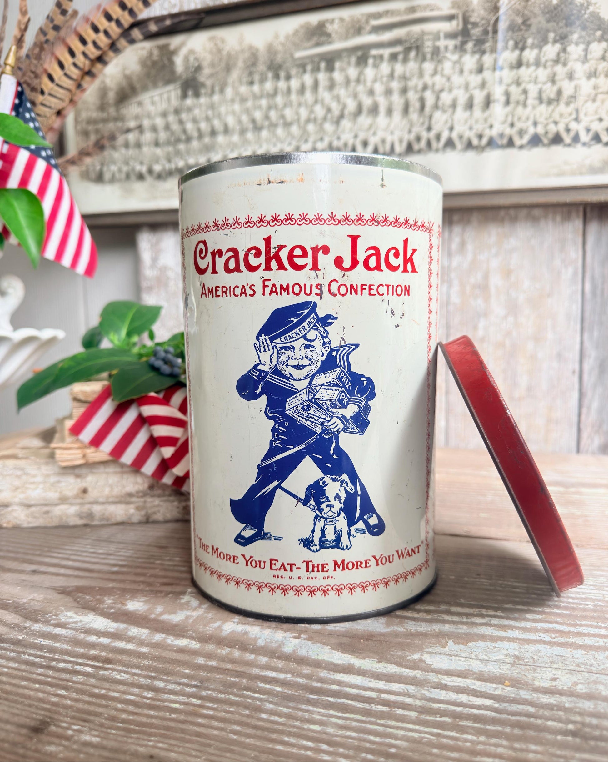 Vintage CRACKER JACK Tin Can Red White Blue Farmhouse Americana Decor Rare Red Lid