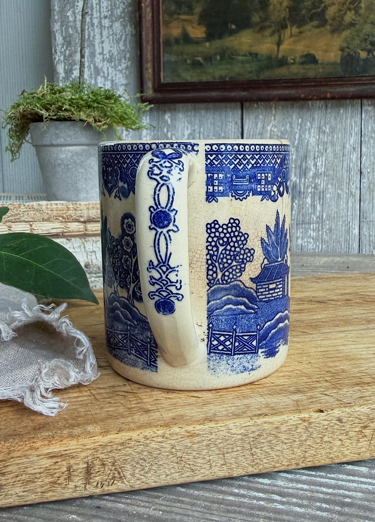 Antique White Ironstone Coffee Cups, Blue Willow Transferware JAPAN