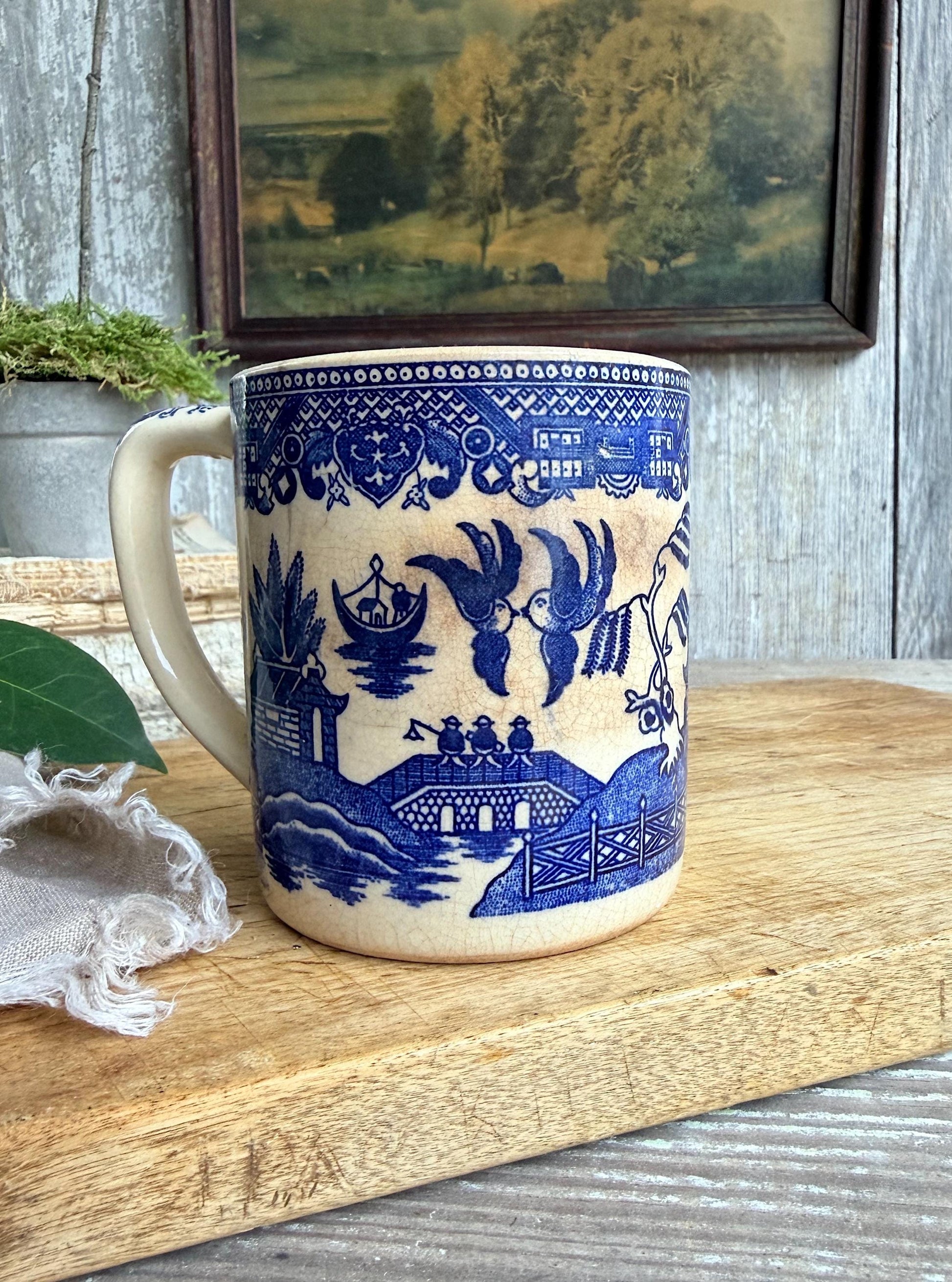 Antique White Ironstone Coffee Cups, Blue Willow Transferware JAPAN